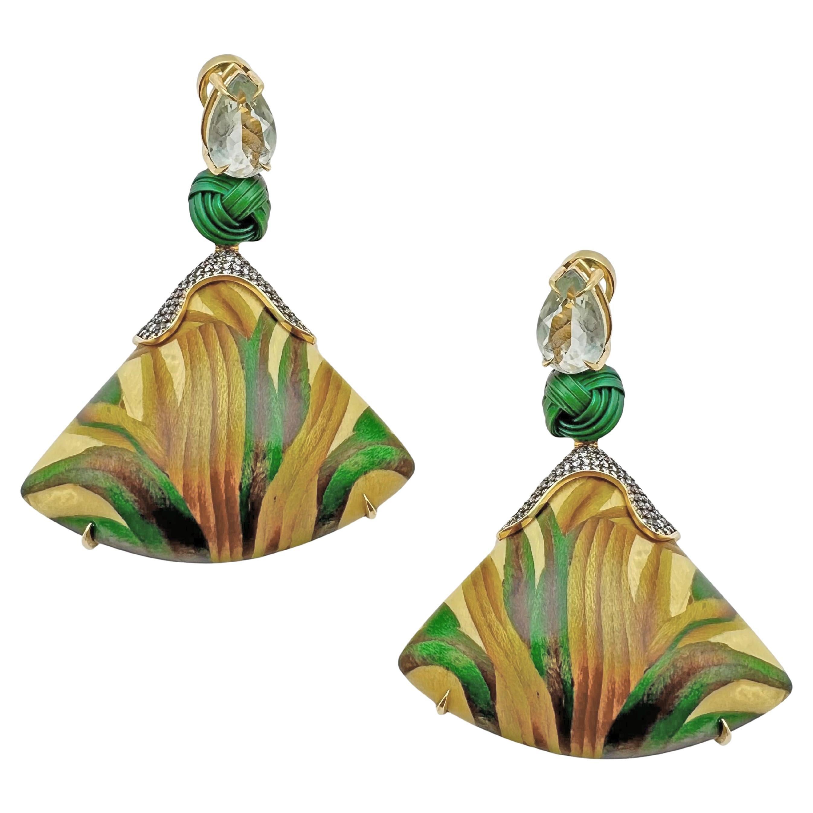 Silvia Furmanovich Pendientes de oro de 18 quilates con marquetería de madera de aguamarina