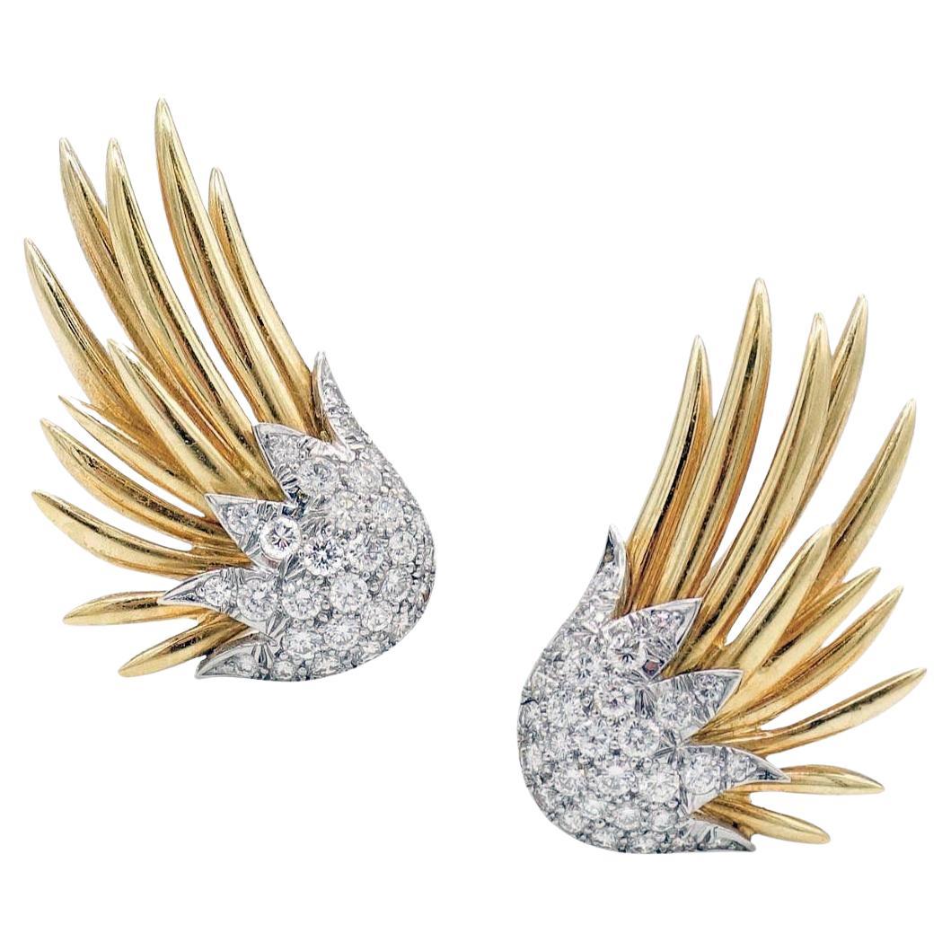 Tiffany Schlumberger 18k Gold Platinum Diamond Flame Earrings