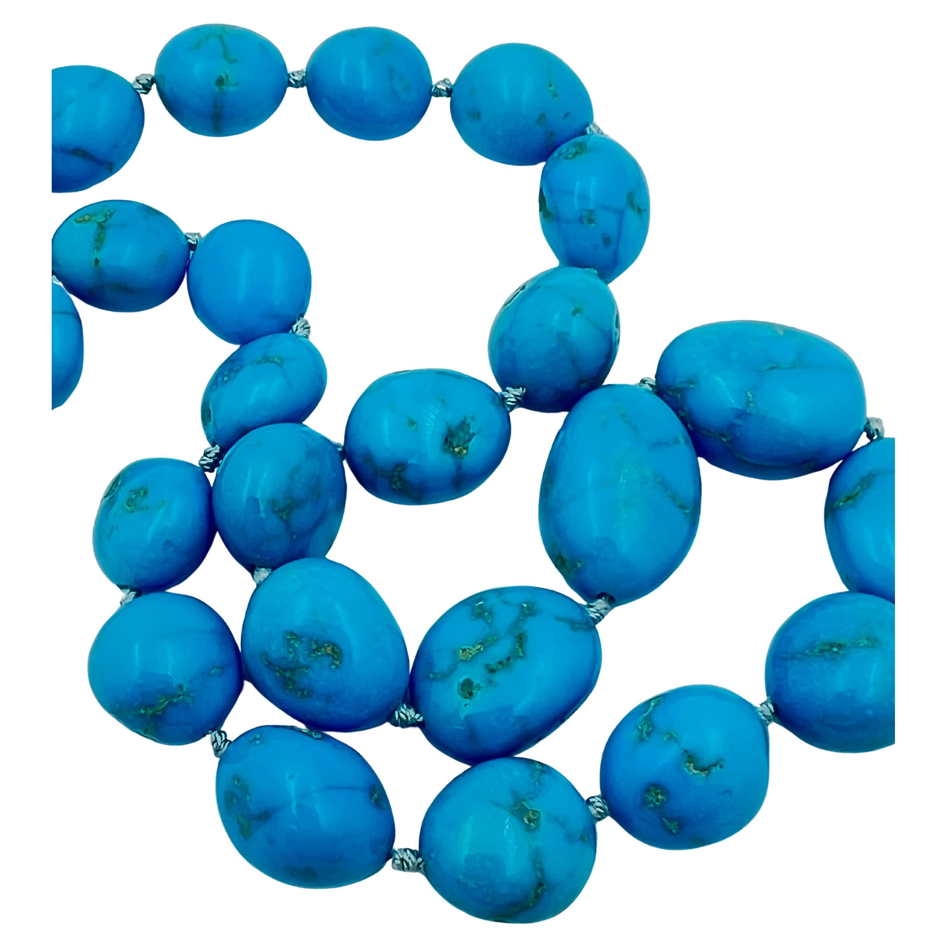 Tumbled Turquoise Bead Gold Peyote Bird Necklace For Sale