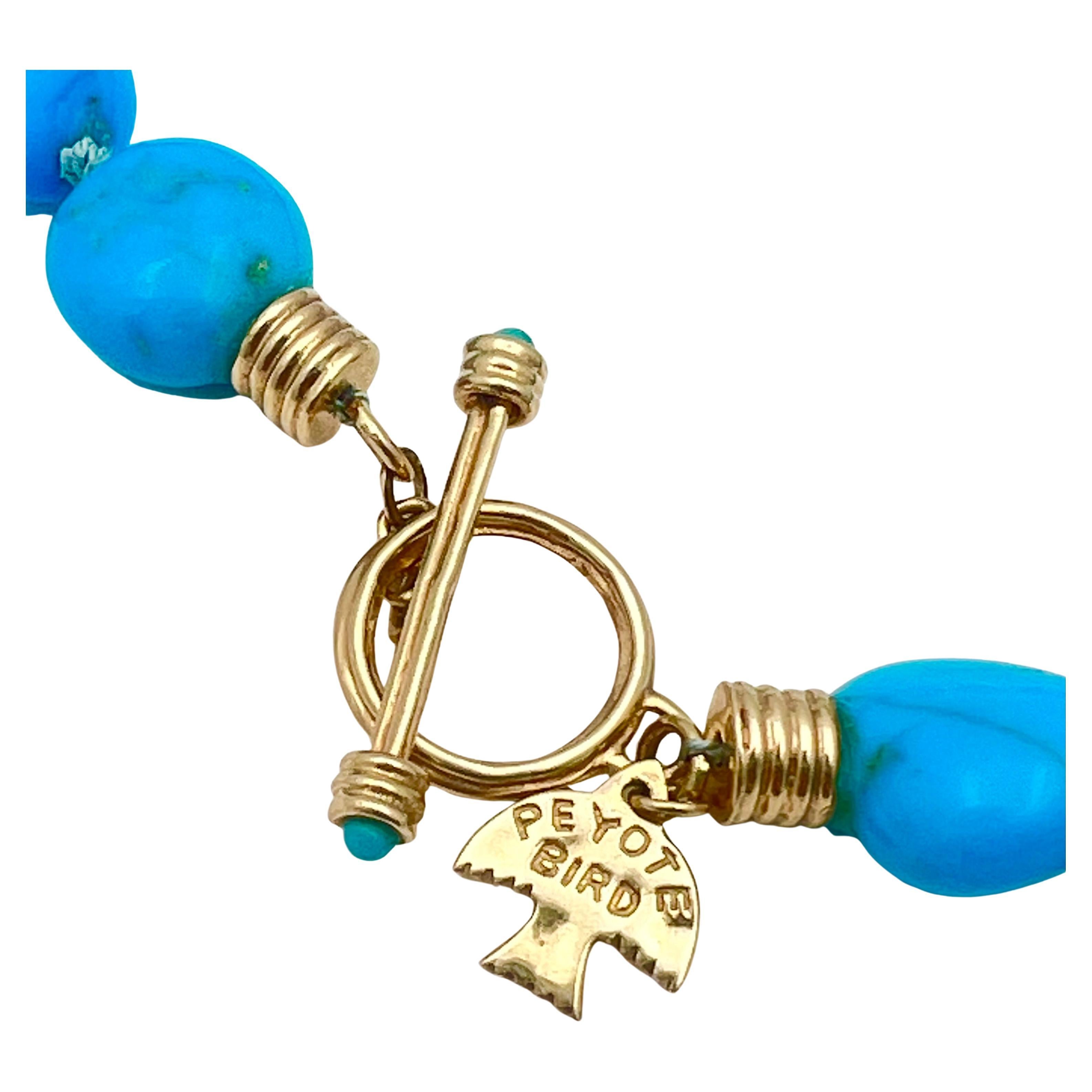 Native American Turquoise Bead Gold Peyote Bird Necklace For Sale
