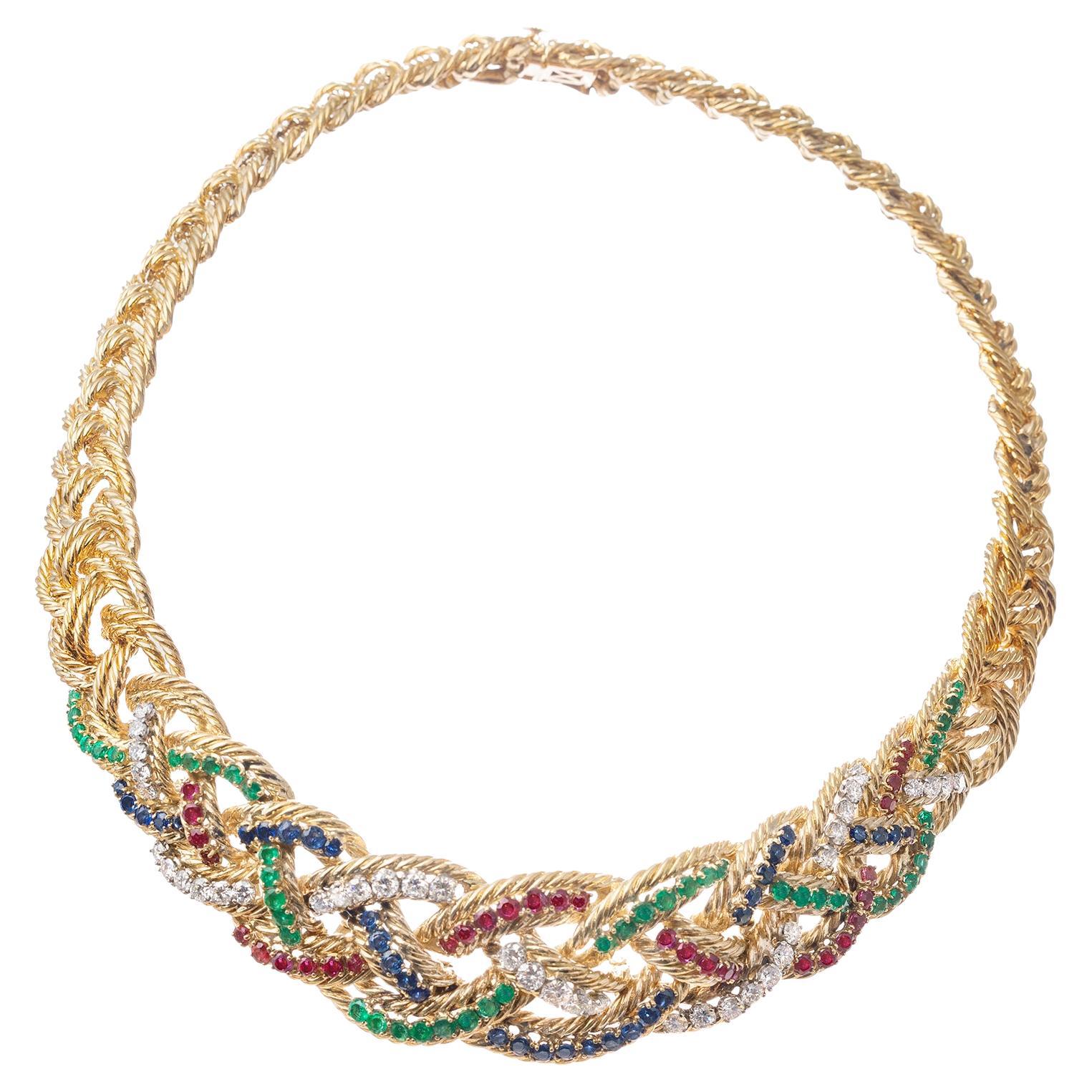 Boucheron Paris 1960s Ruby Sapphire Emerald Diamond Necklace en vente