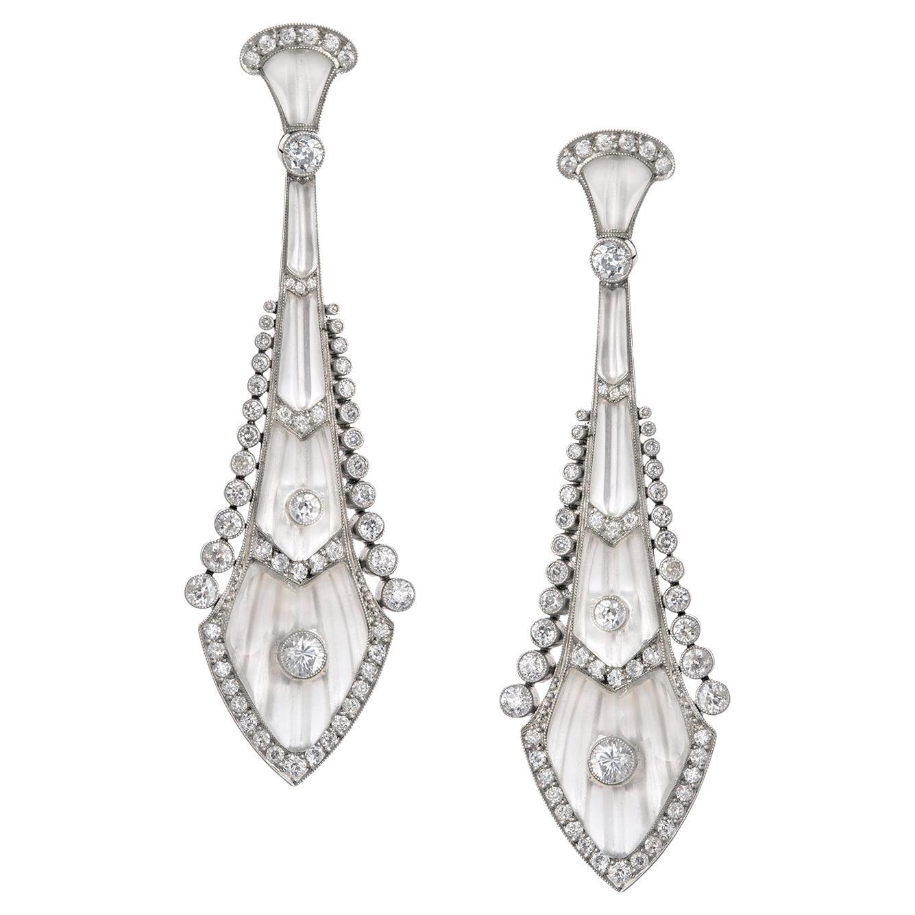 Pendientes Antiguos Edwardian de Platino con Diamantes y Cristal de Roca en venta