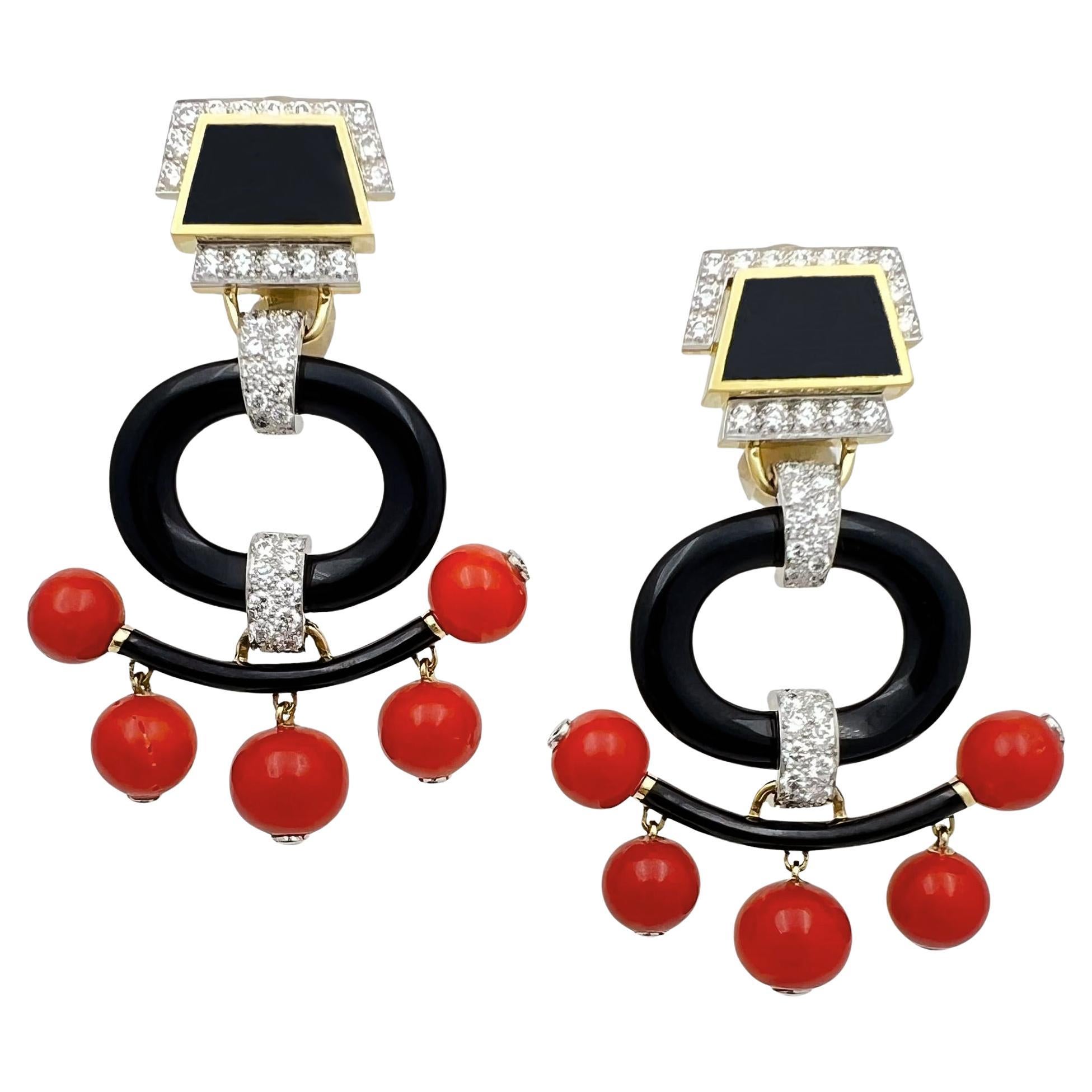 Pendientes Pagoda Ónix Coral Diamante Webb Oro 18k Platino