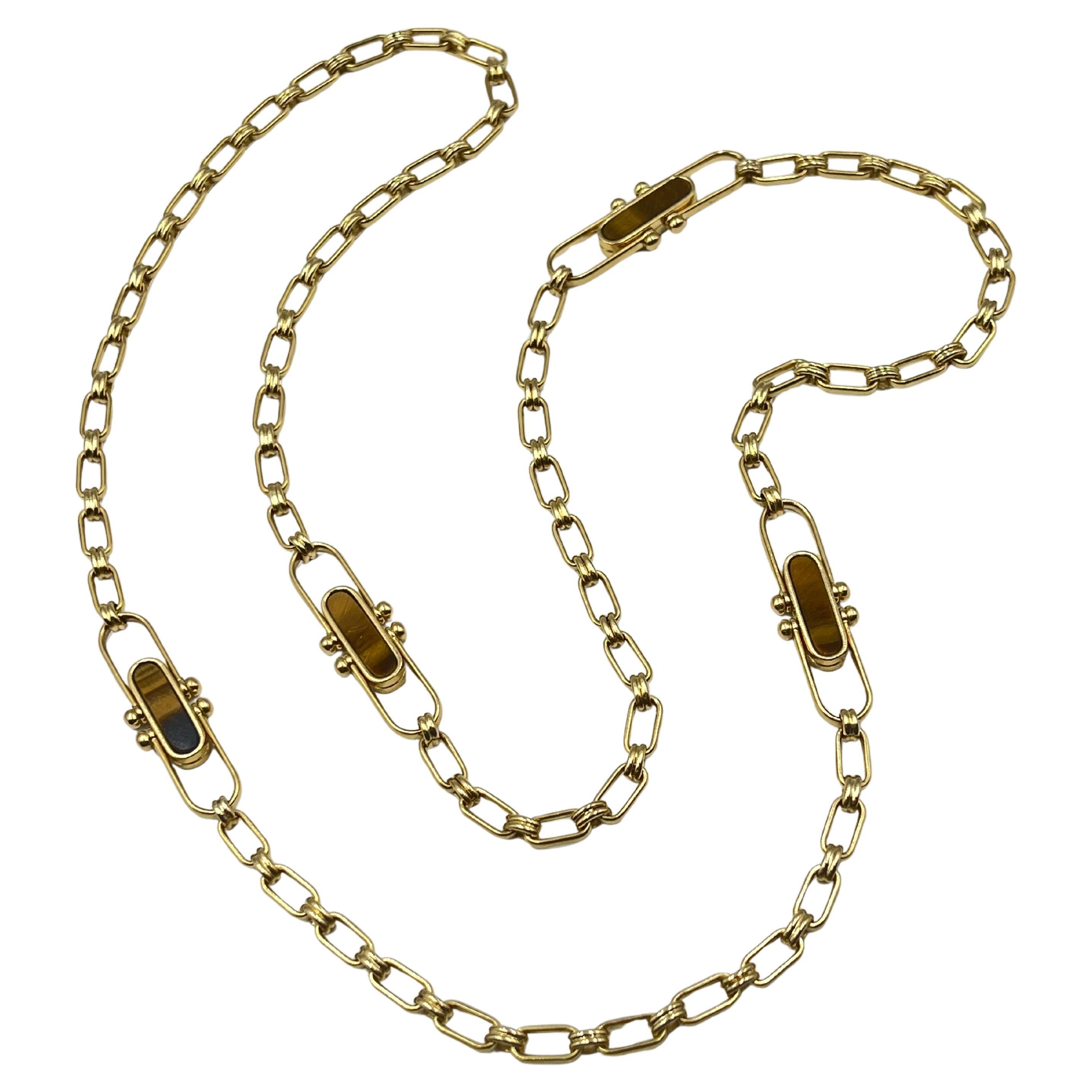 Bvlgari 18k Gold Tiger Eye Onyx Paperclip 36" Long Chain 1970's