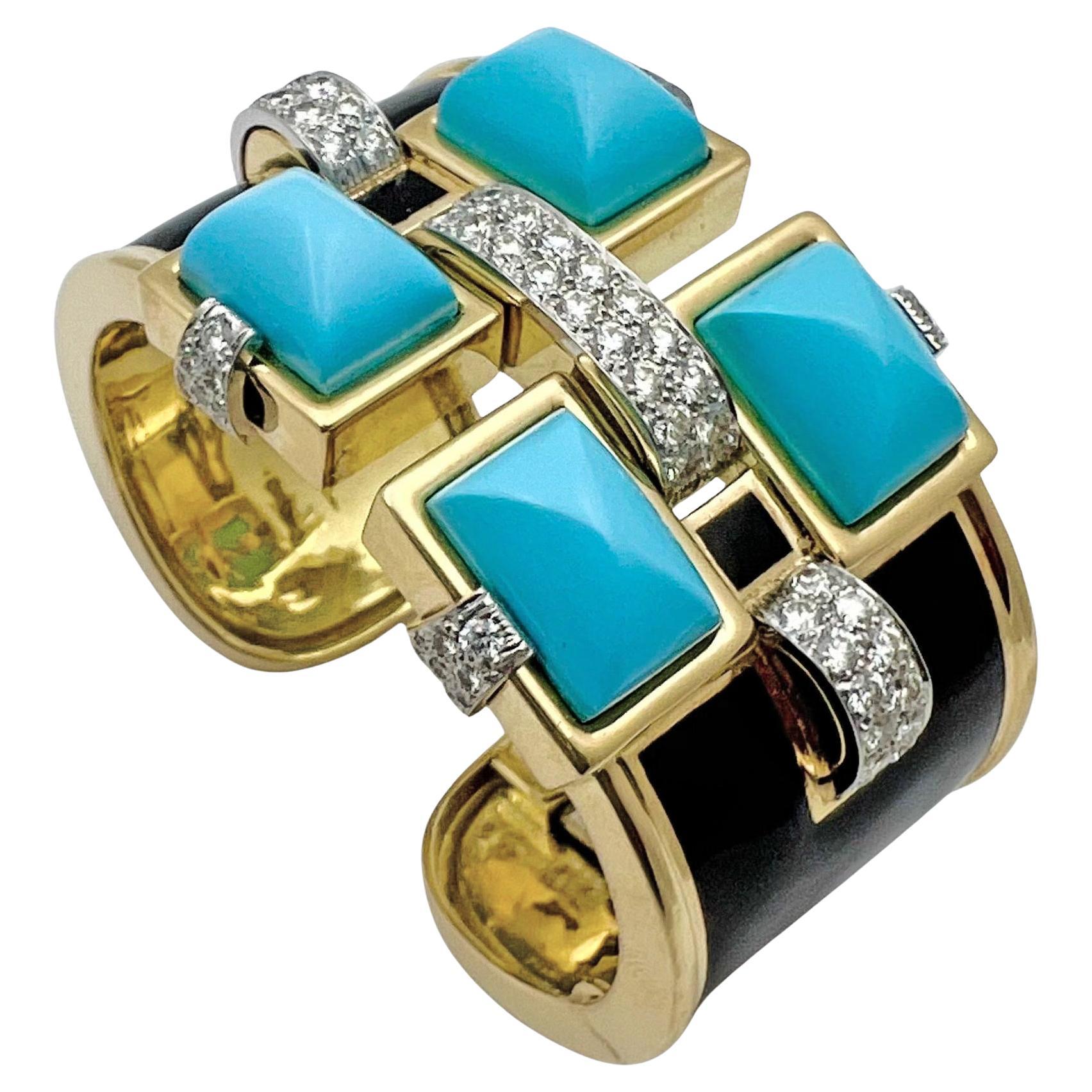 David Webb Turquoise Diamond Enamel Bastille Cuff Bracelet