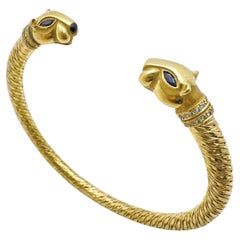 Cartier 18k Gold Sapphire Diamond Panther Cuff Bracelet