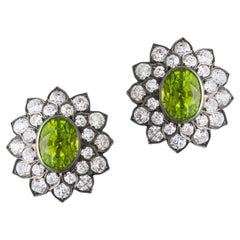 Antique 18k Gold Peridot Diamond Floral Cluster Earrings