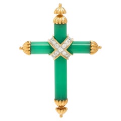 Tiffany & Co 18k Gold Chrysoprase Diamond Cross Pendant