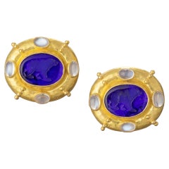 Elizabeth Locke 18k Gold Blue Venetian Glass Intaglio Moonstone Earrings