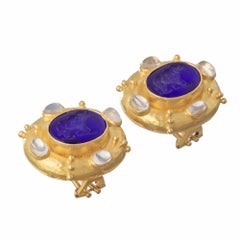 Elizabeth Locke 18k Gold Blue Venetian Glass Intaglio Moonstone Earrings