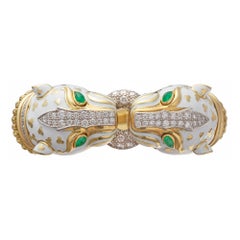 David Webb Platinum 18K Yellow Gold Double Head Tiger White Enamel Bracelet