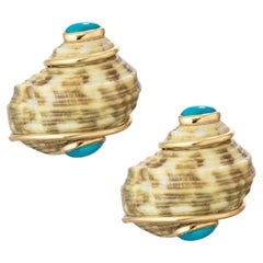 Seaman Schepps 18k Yellow Gold Turquoise Green Mottled Turbo Shell Earrings