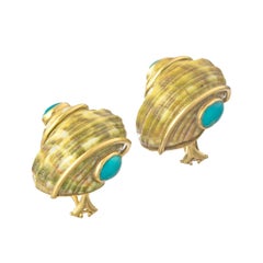 Seaman Schepps 18k Yellow Gold Turquoise Green Mottled Turbo Shell Earrings