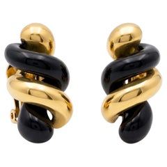 Carvin French 18k Yellow Gold Black Jade Spiral Twist Earrings