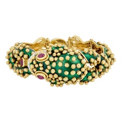 David Webb 18k Yellow Gold Green Enamel Ruby Diamond Frog Bracelet