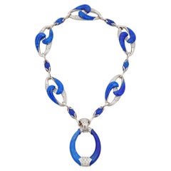 Collier français en or blanc 18 carats, avec lapis-lazuli et diamants