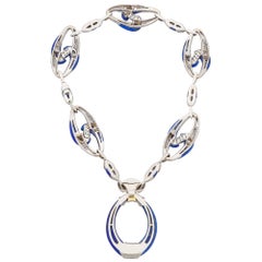 Collier français en or blanc 18 carats, avec lapis-lazuli et diamants