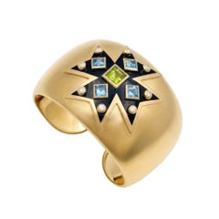 Verdura 18k Yellow Gold Peridot Blue Topaz Maltese Cross Cuff Bracelet