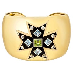 Verdura 18k Yellow Gold Peridot Blue Topaz Maltese Cross Cuff Bracelet
