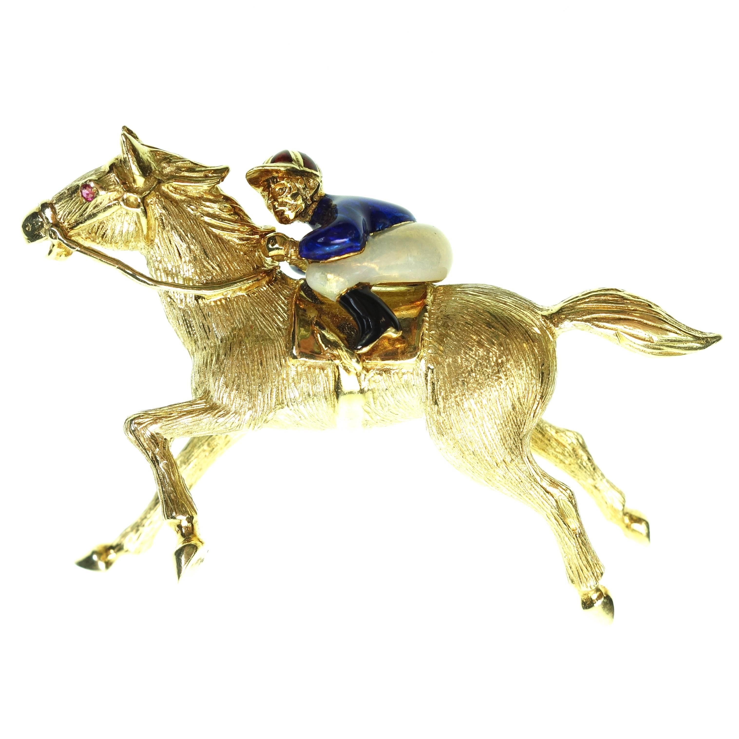 Large Enamel Gold Jockey and Horse Pin