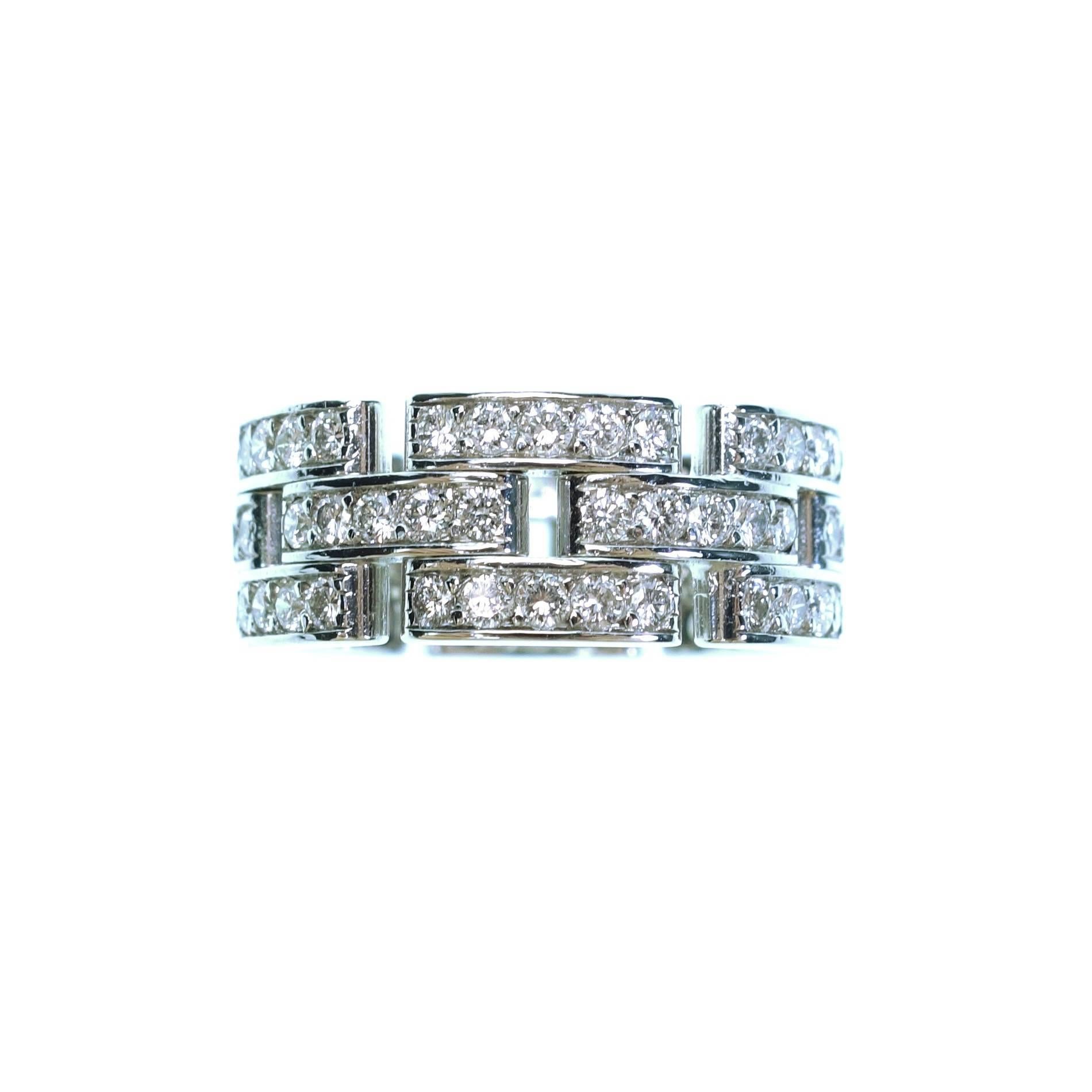 This collection is named after the Panthère jewels, Cartier's icon. Maillon Panthère full circle diamond ring in 18K white gold, set with 90 brilliant-cut diamonds totaling 1.37 carats. 
Estimated Retail Price: $13,400.00
Size: 52 (US