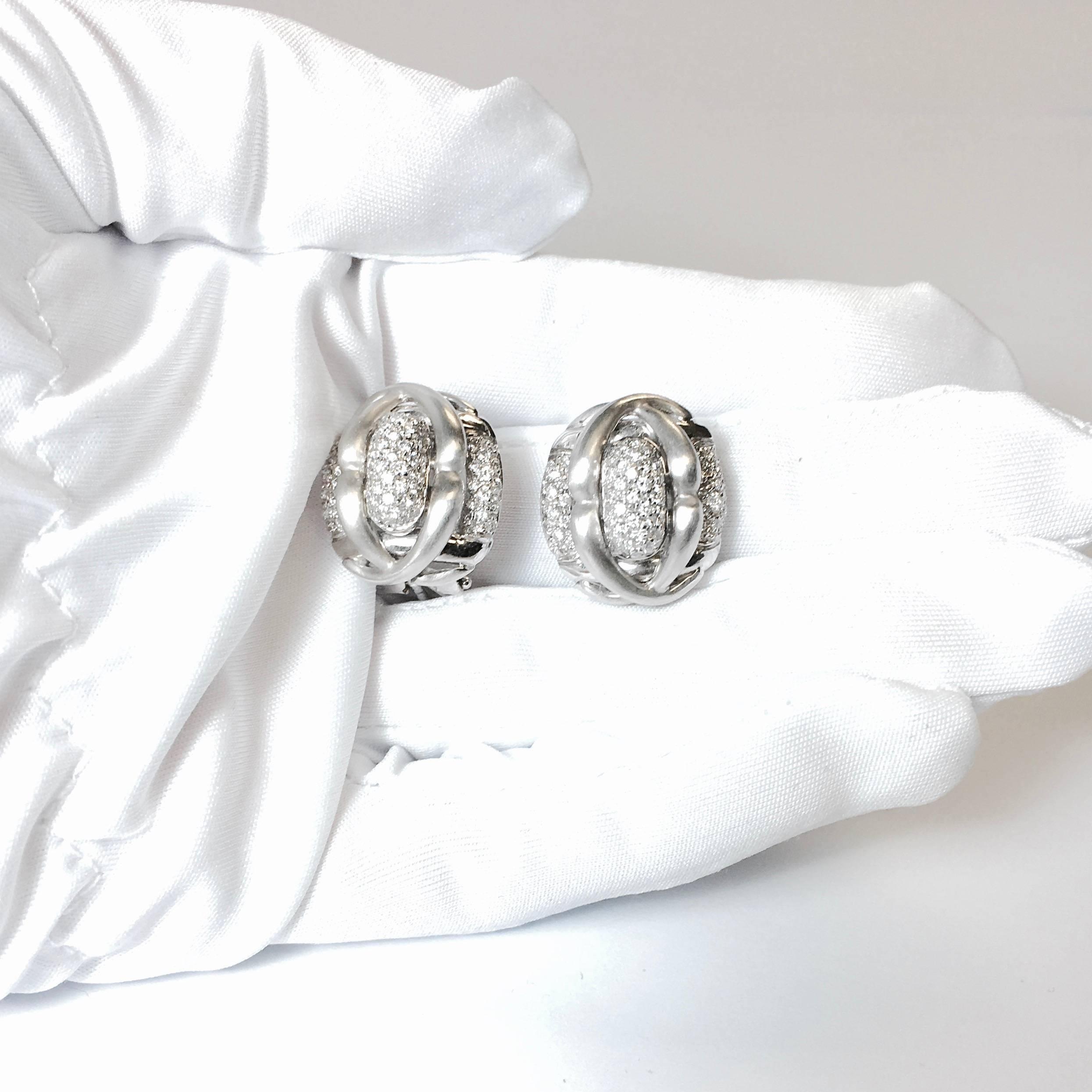 Leva Pave Diamond Satin Finish White Gold Earrings In Excellent Condition In Agoura Hills, CA