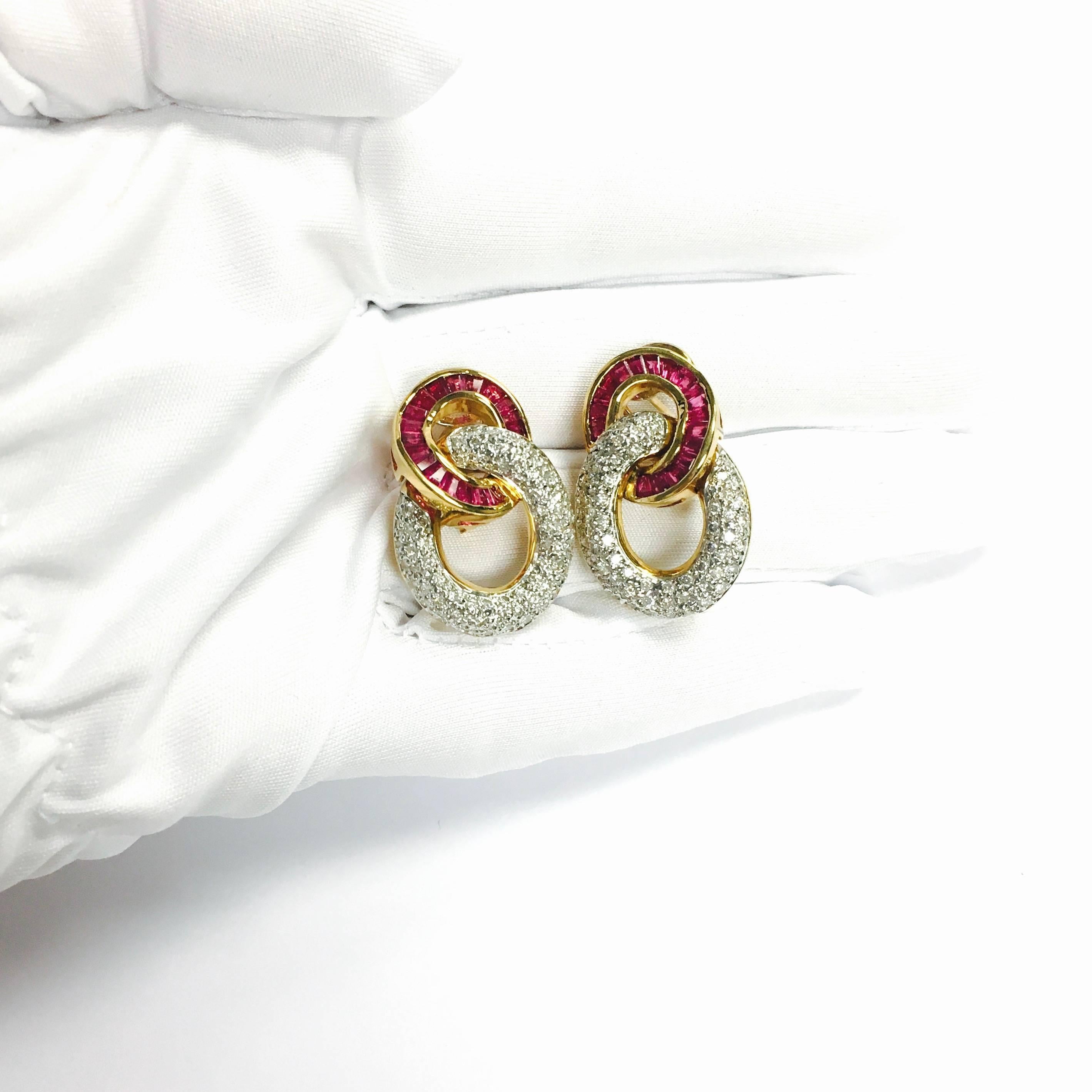 Ruby and Diamond Yellow Gold Door Knocker Style Earrings In Excellent Condition In Agoura Hills, CA