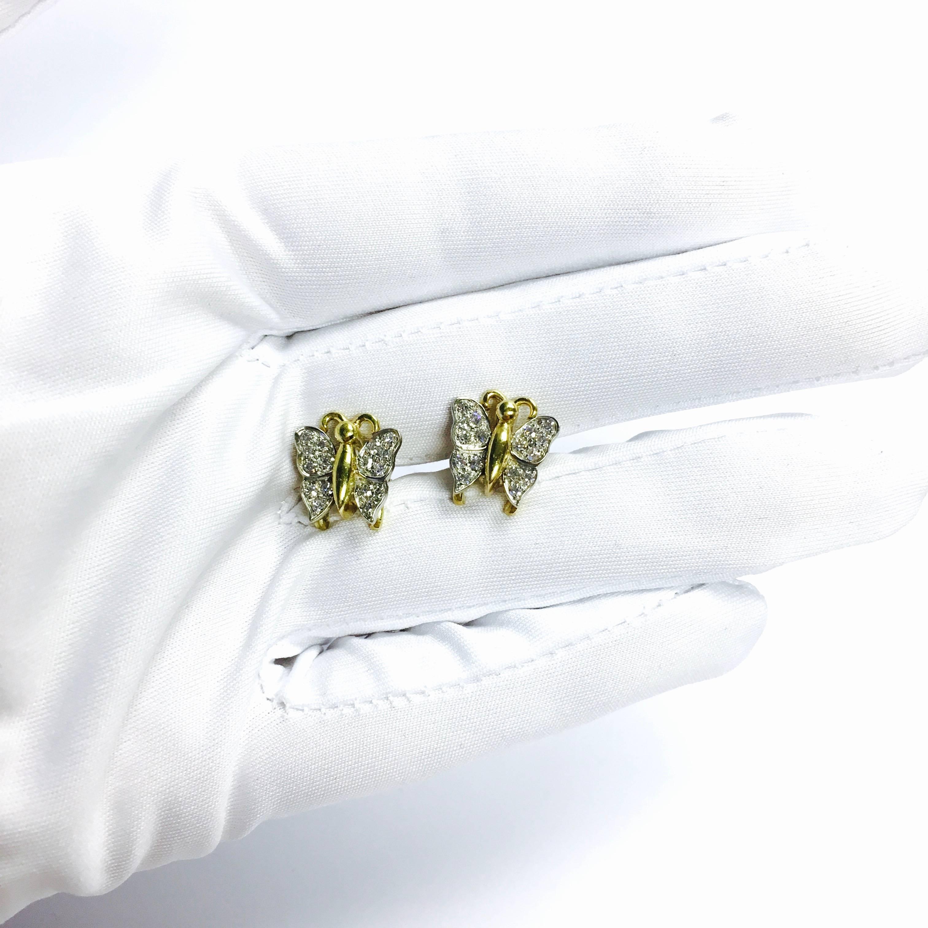 Diamond Set Two Color Gold Butterfly Earrings In Excellent Condition In Agoura Hills, CA