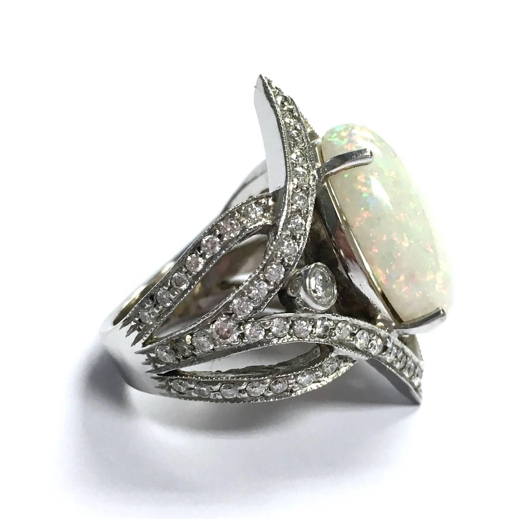 Large Opal Diamond White Gold Cocktail Ring In Excellent Condition In Agoura Hills, CA