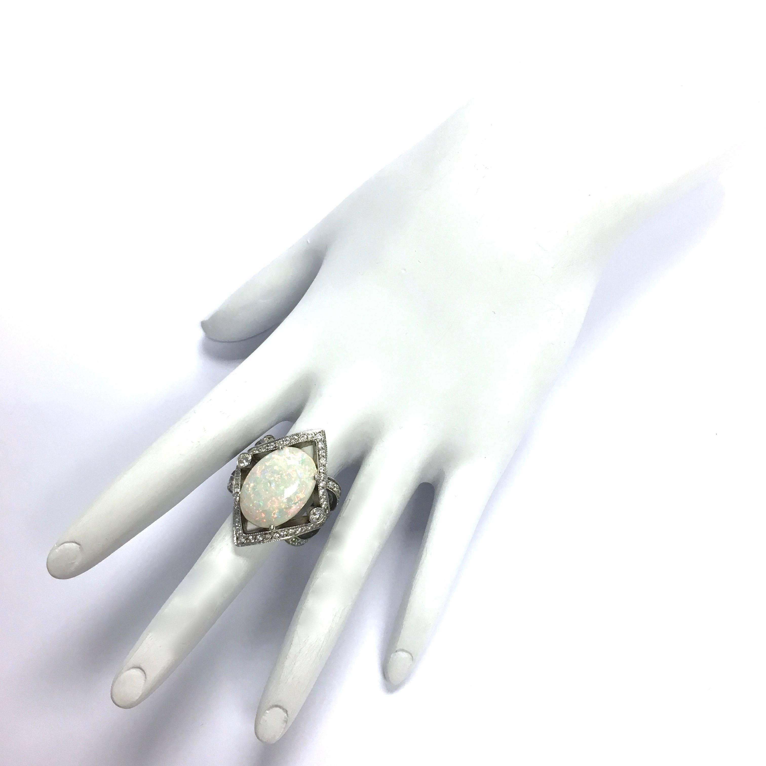 Women's Large Opal Diamond White Gold Cocktail Ring