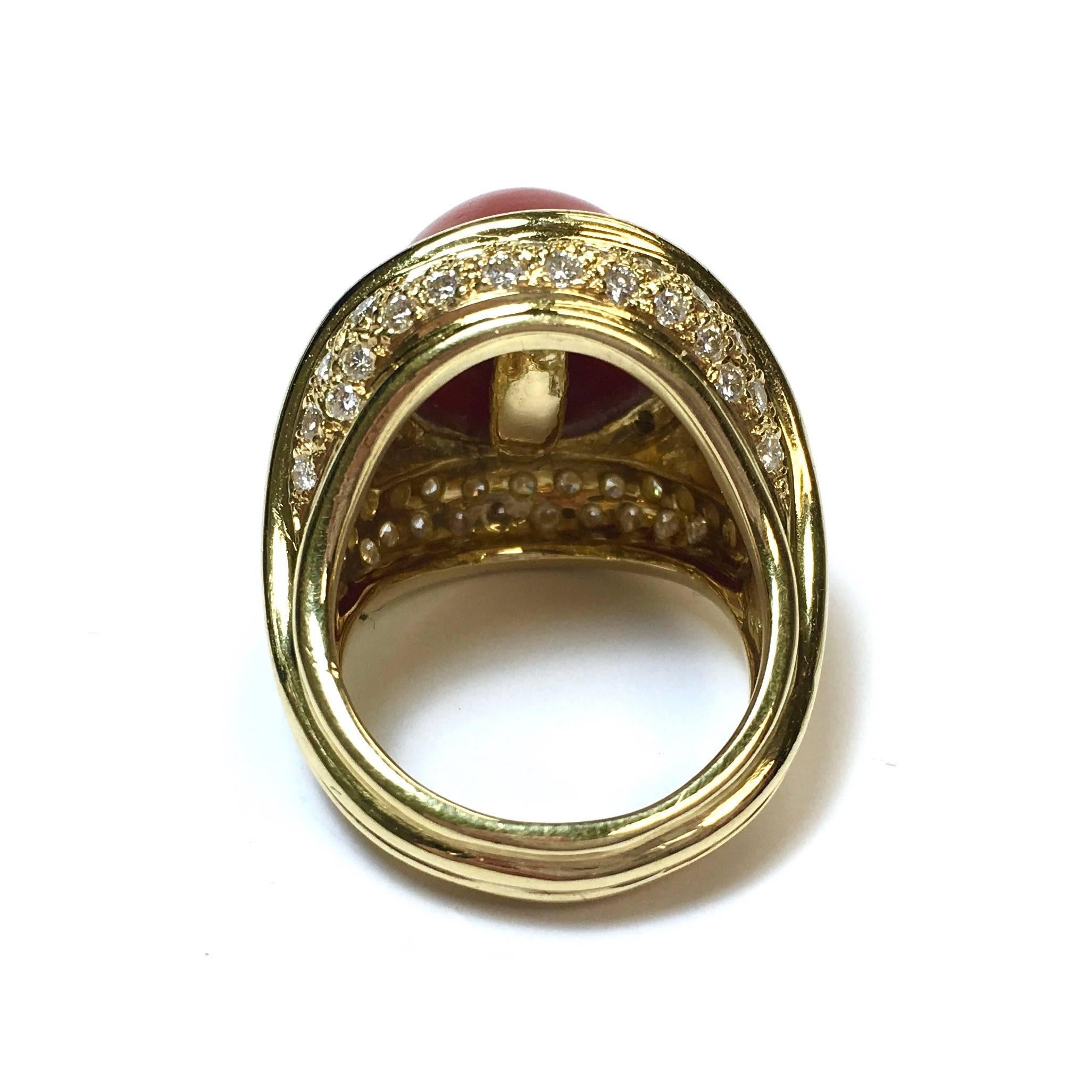 Women's Large Coral Diamond Yellow Gold Cocktail Ring