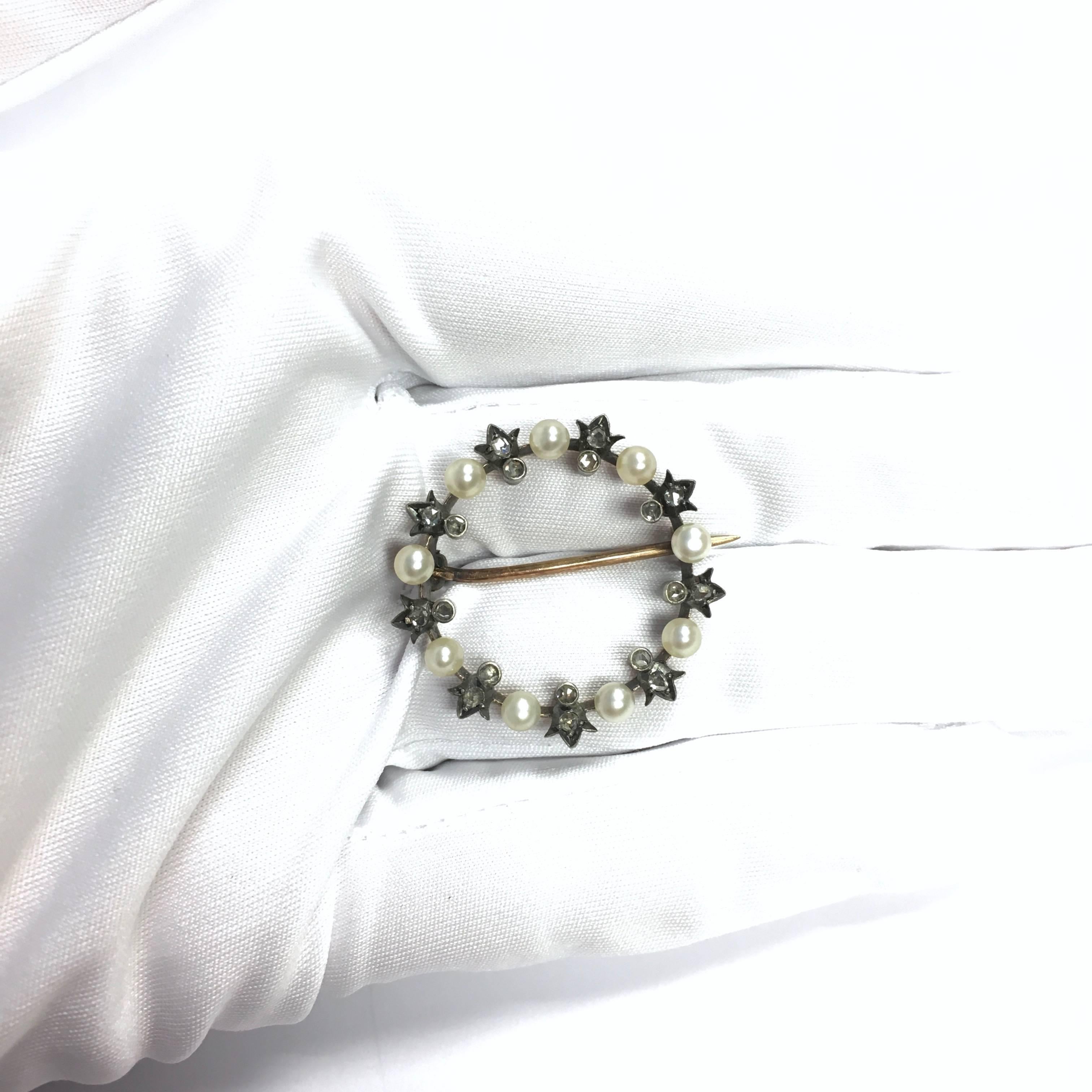 French Antique Diamond and Pearl Silver Gold Brooch In Excellent Condition In Agoura Hills, CA