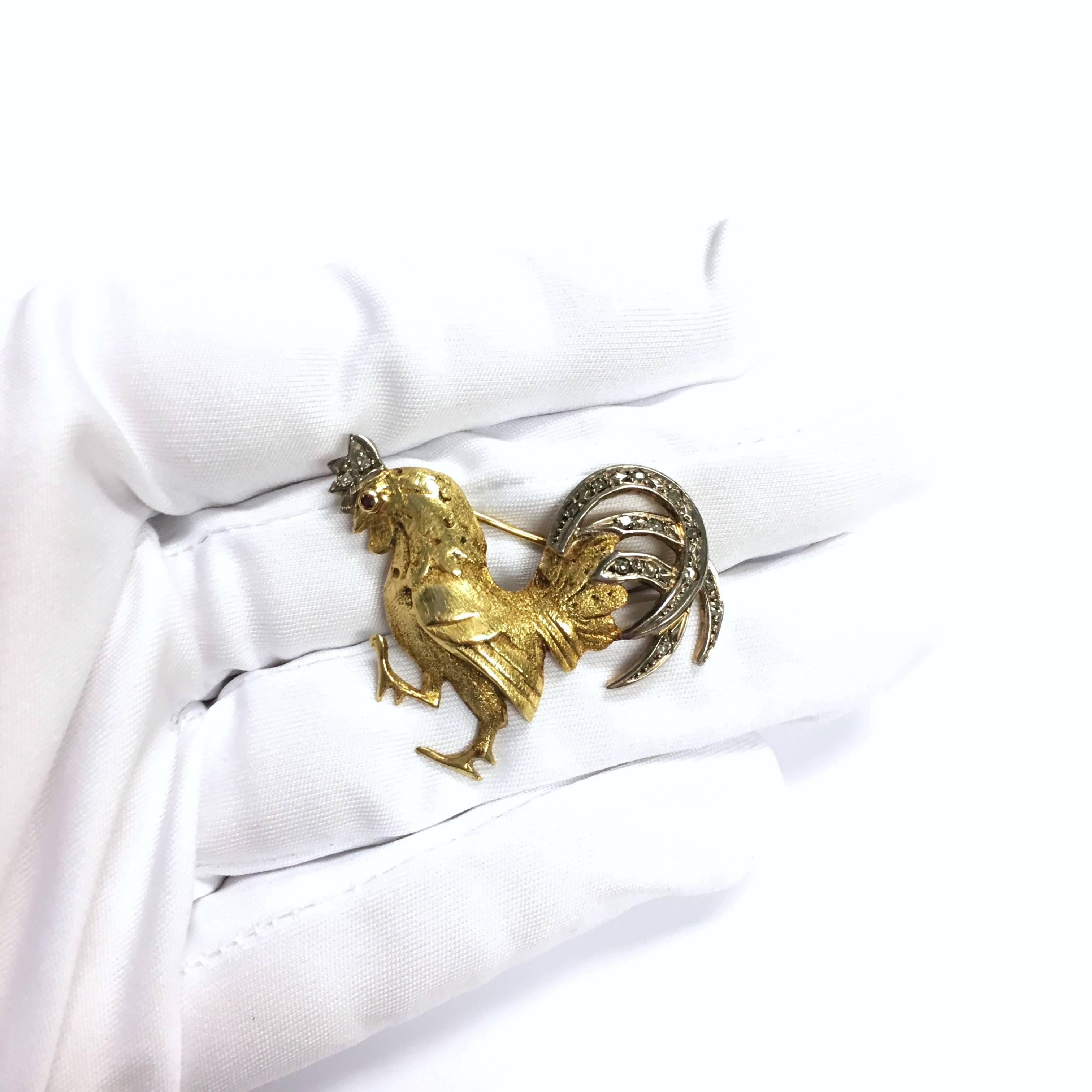 Victorian Ruby Diamond Gold Rooster Brooch In Excellent Condition In Agoura Hills, CA