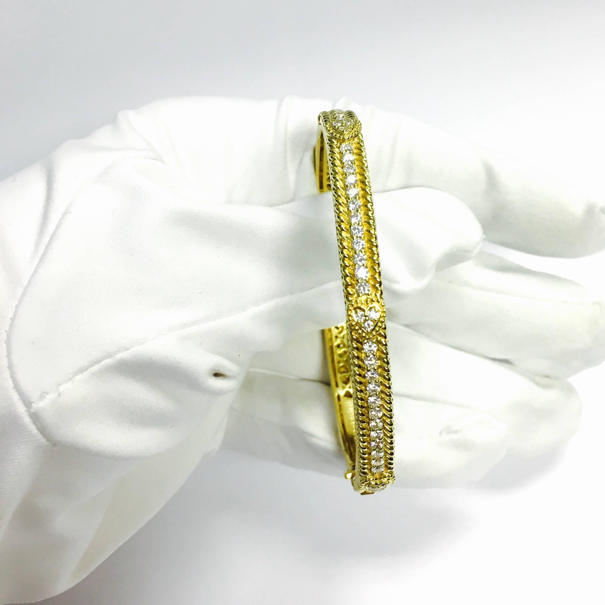Judith Ripka Romance Diamond Yellow Gold Hearts Bangle Bracelet In Excellent Condition In Agoura Hills, CA
