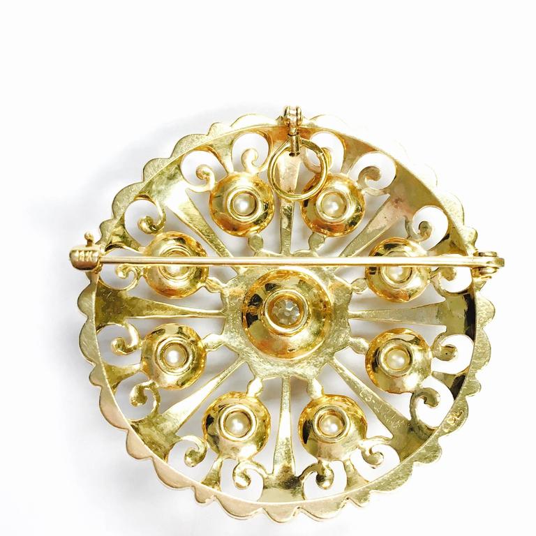Carl D. Lindstrom Diamond Pearl and Enamel Large Sunburst Pin Pendant For Sale at 1stdibs