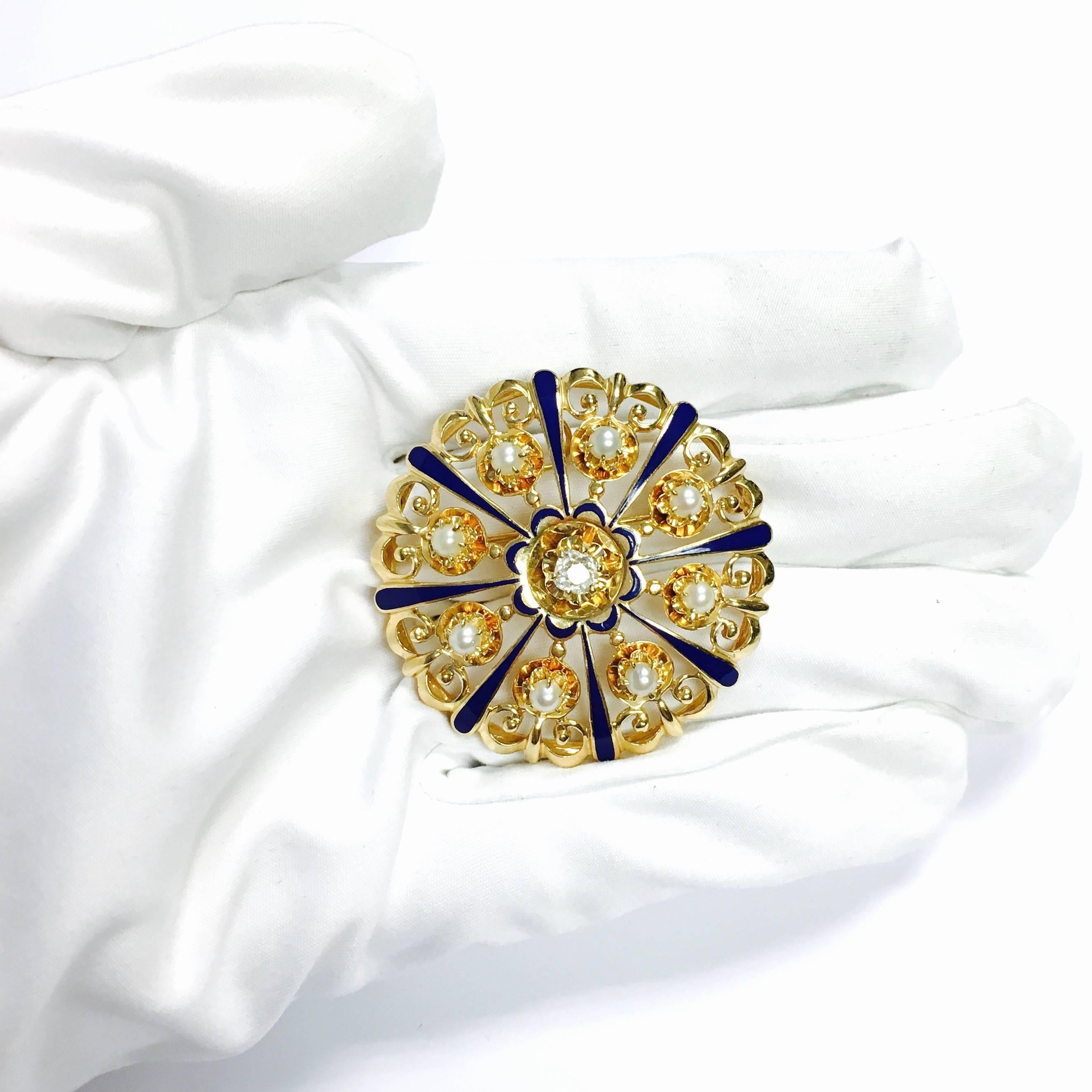 Women's or Men's Carl D. Lindstrom Diamond Pearl and Enamel Large Sunburst Pin Pendant