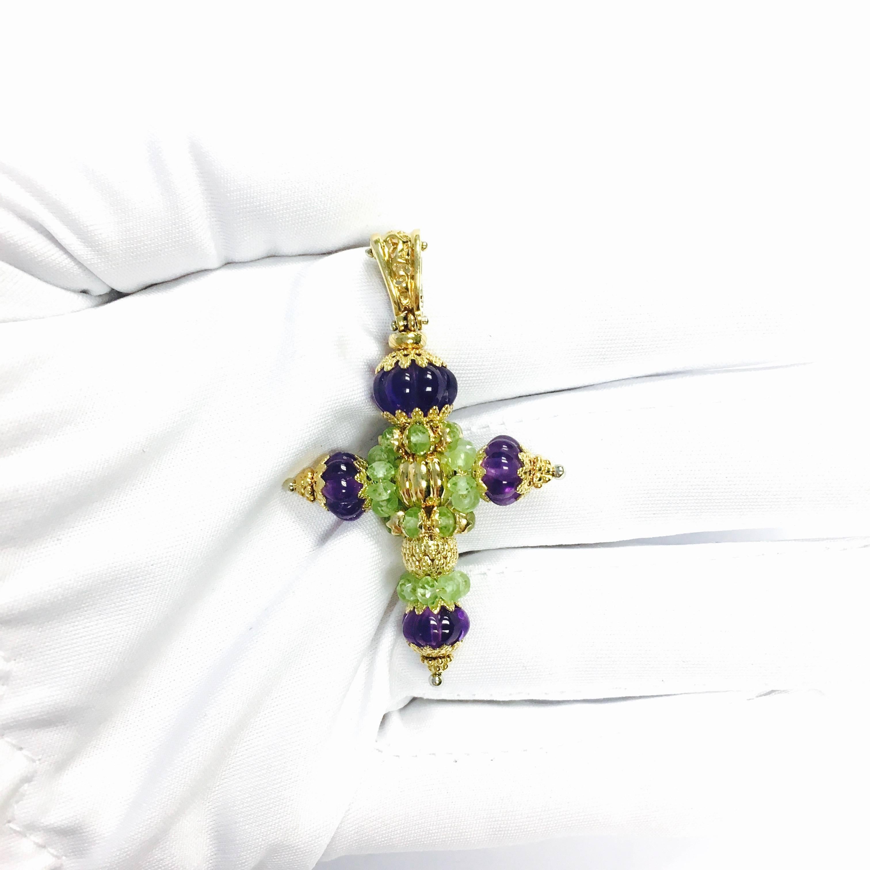 Women's or Men's Italian Amethyst and Peridot Gold Cross Pendant Enhancer