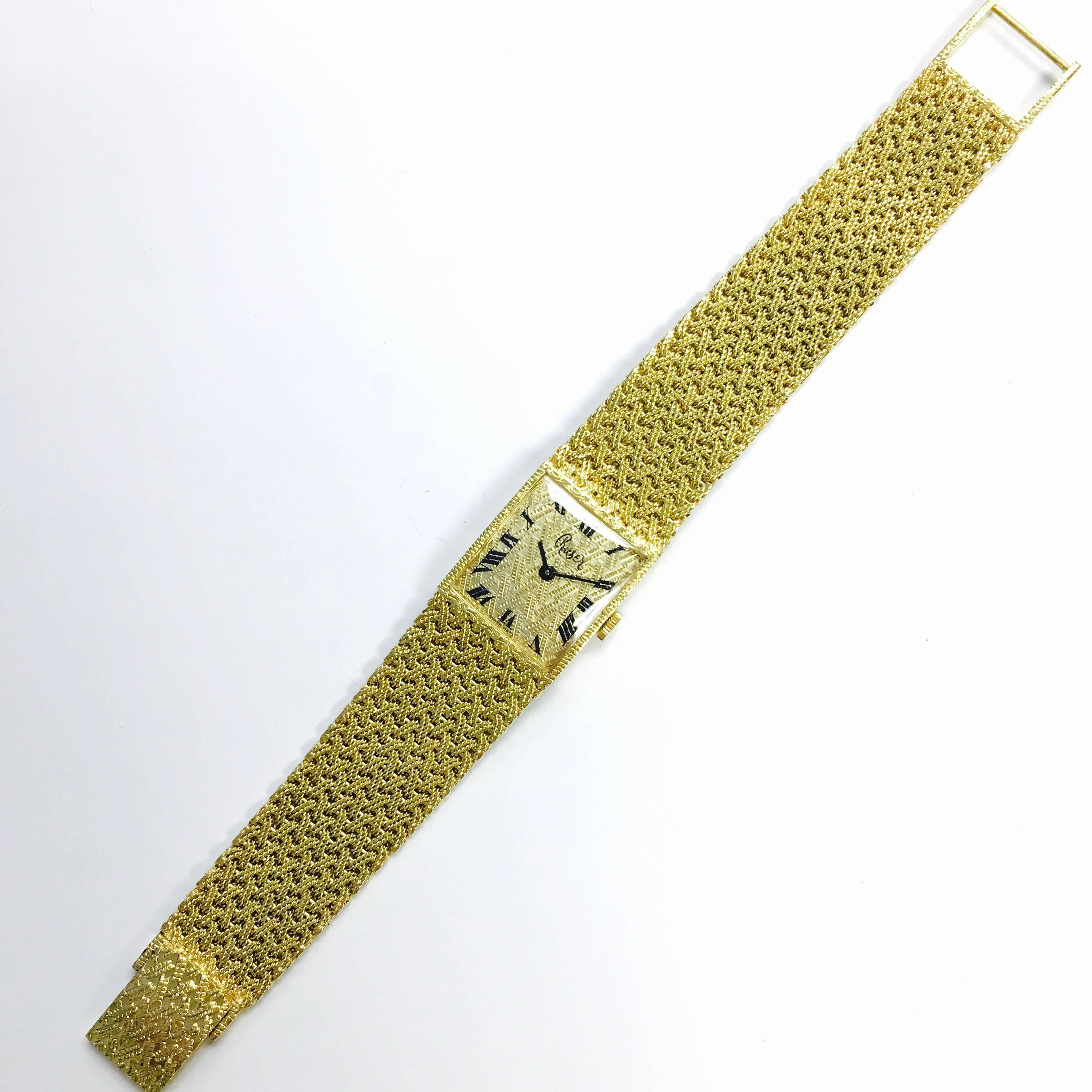 Rare ladies Ruser 18K yellow gold woven mesh bracelet watch. 
Measurements:
Case: 20.5 mm x 18.5 mm
Length: 6.5 inches
Weight: 44 grams
The back of the case engraved: E.S.D. 
Also marked YG and the serial number.
