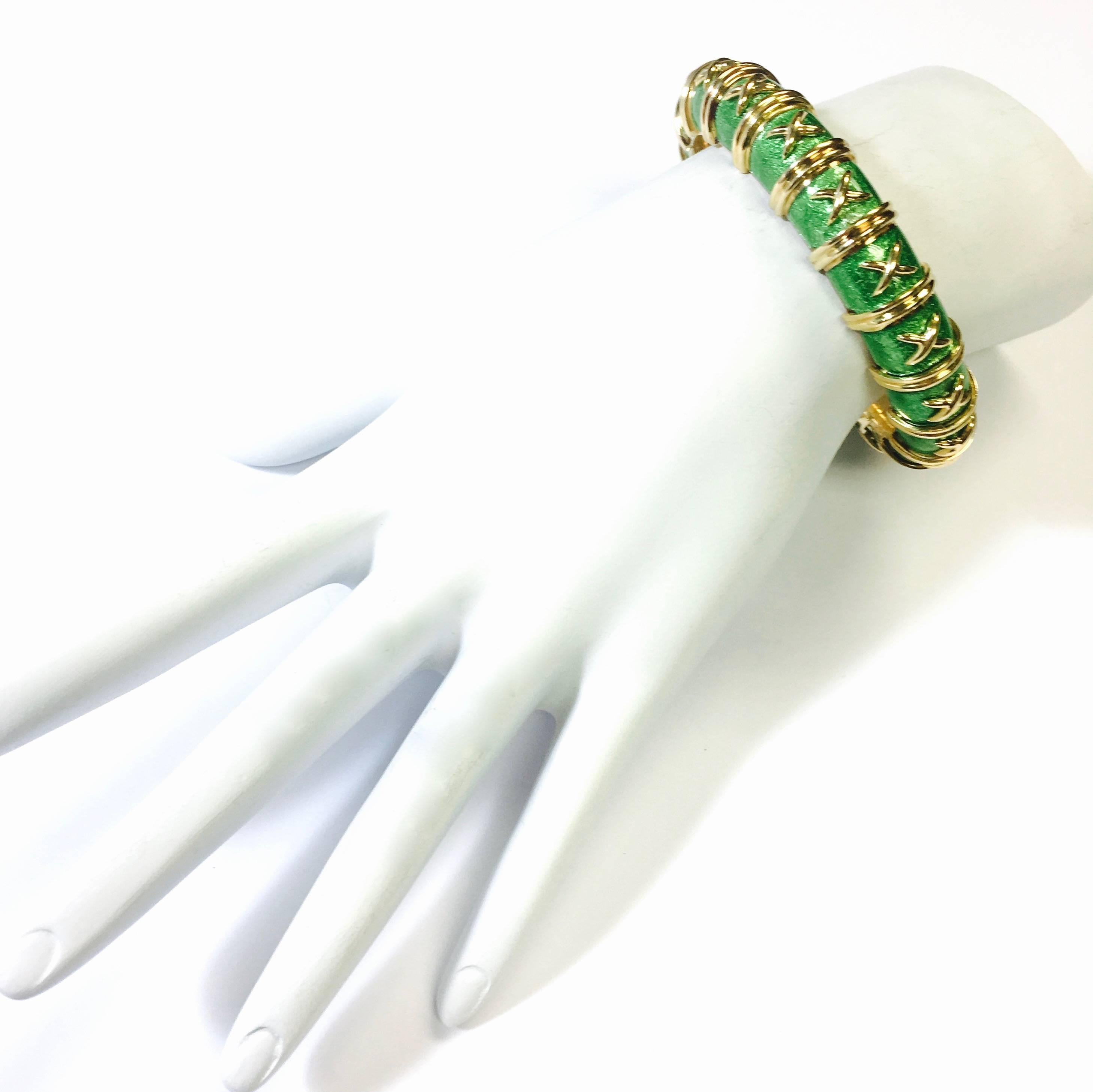 Tiffany & Co. Schlumberger Croisillon Gold Green Enamel Bracelet In Excellent Condition In Agoura Hills, CA
