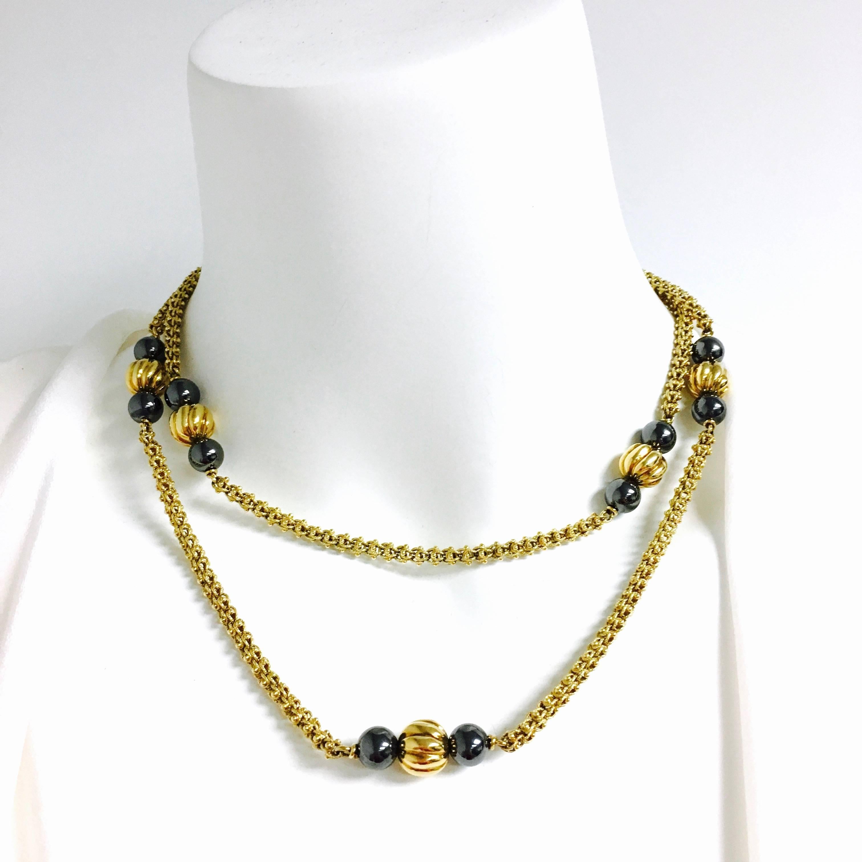 Vintage Hematite and Yellow Gold Beaded Long Chain Necklace 1