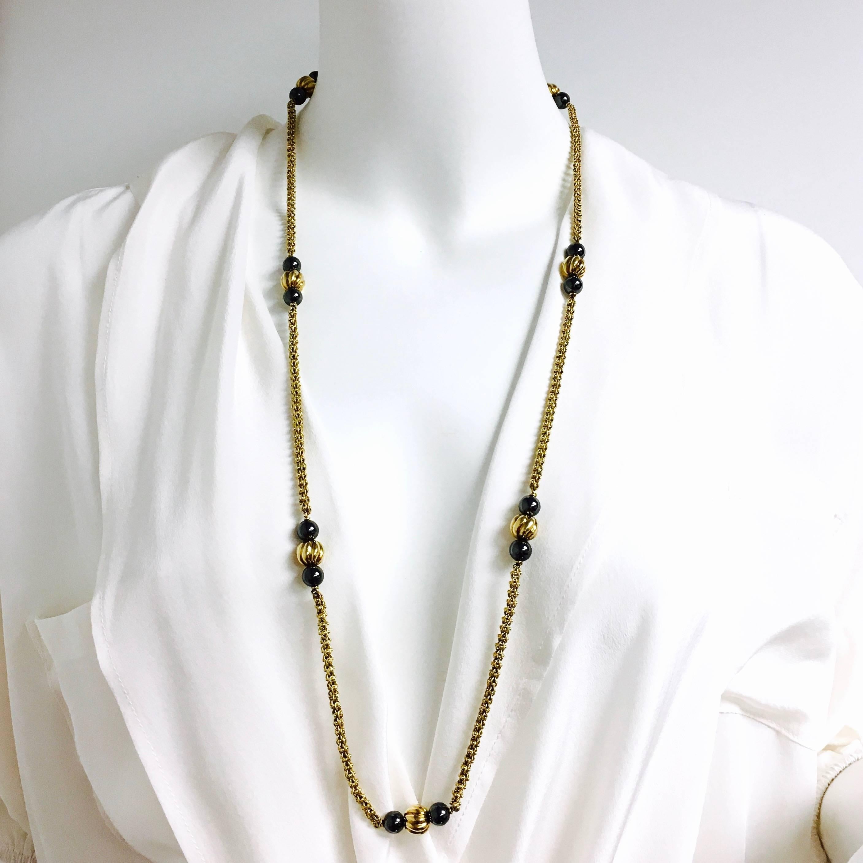 Women's or Men's Vintage Hematite and Yellow Gold Beaded Long Chain Necklace