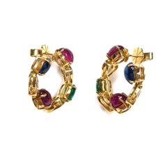 Emerald Ruby Sapphire and Diamond Yellow Gold Large Hoop Earrings