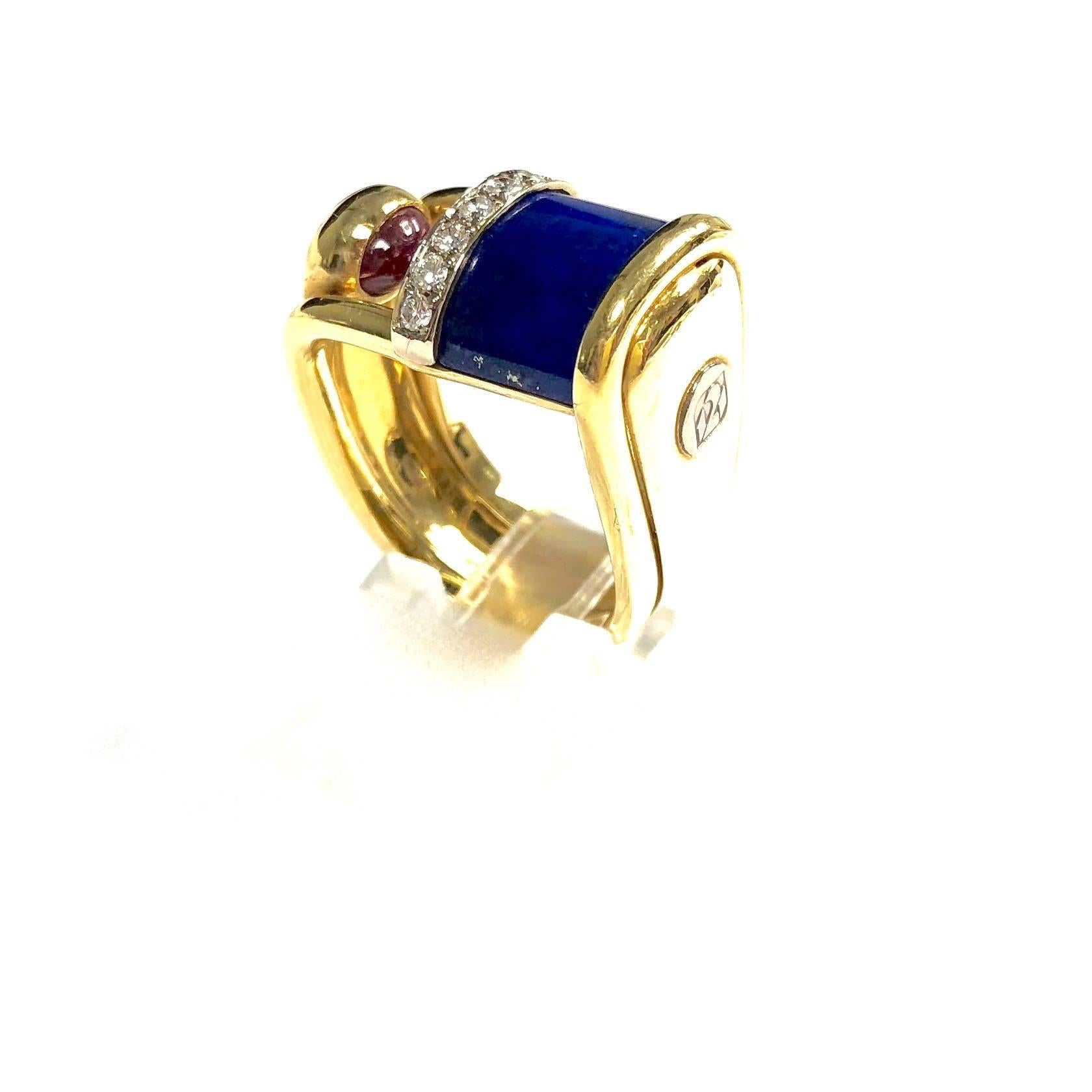 Modernist Style Centoventuno Lapis Lazuli Diamond and Ruby Gold Ring In Excellent Condition In Agoura Hills, CA