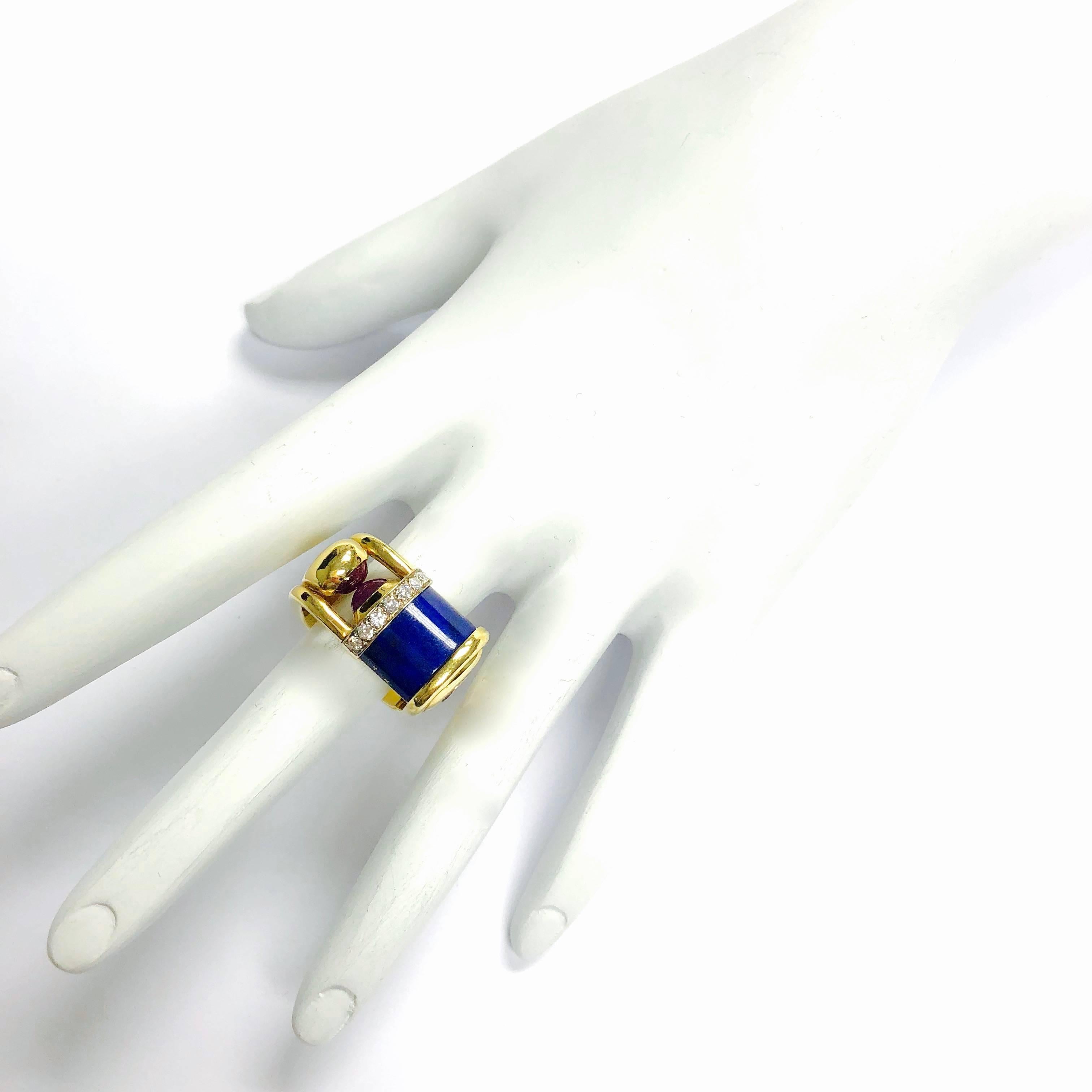 Women's or Men's Modernist Style Centoventuno Lapis Lazuli Diamond and Ruby Gold Ring
