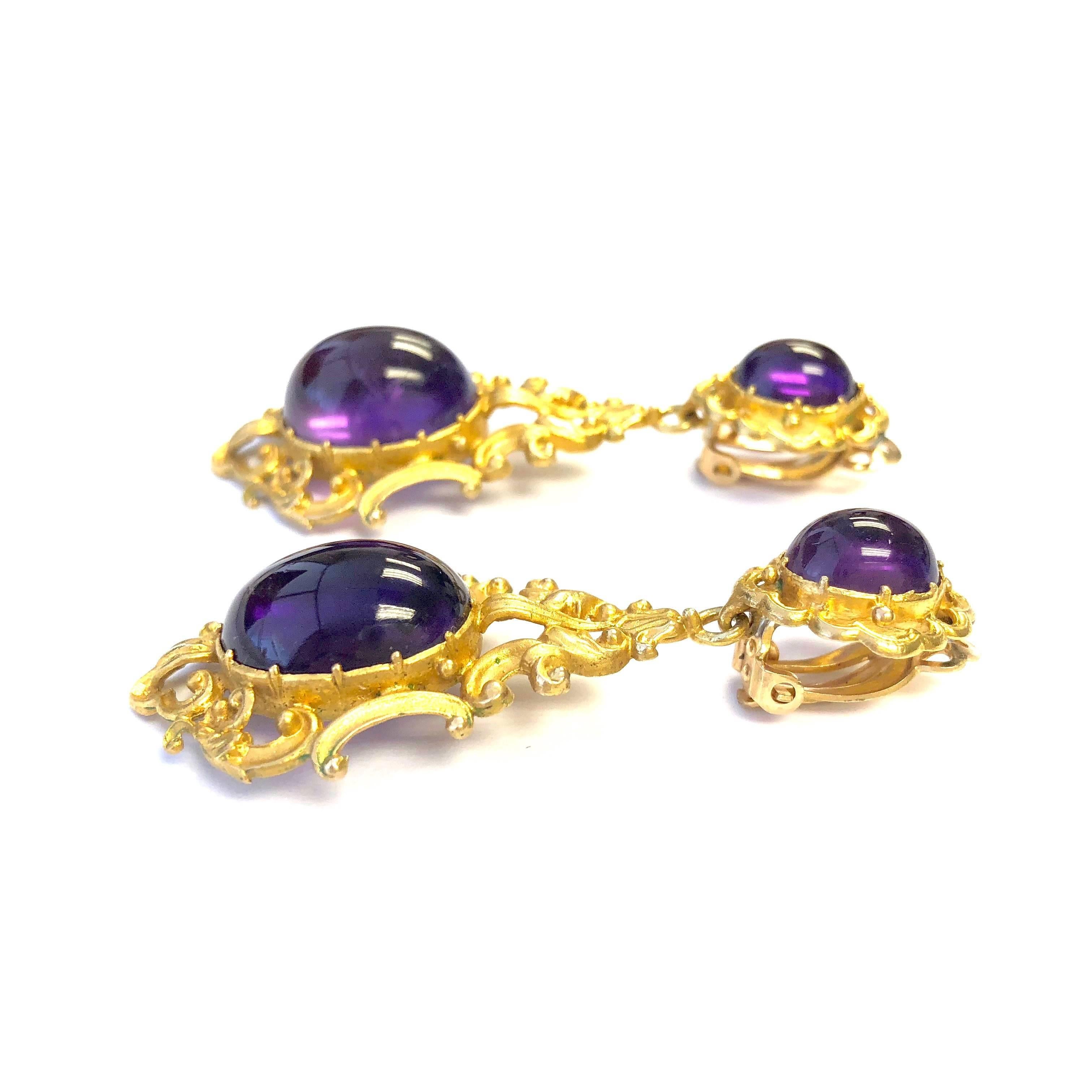 Victorian Amethyst Cabochon Dangling Pendant Earring Clips In Excellent Condition In Agoura Hills, CA