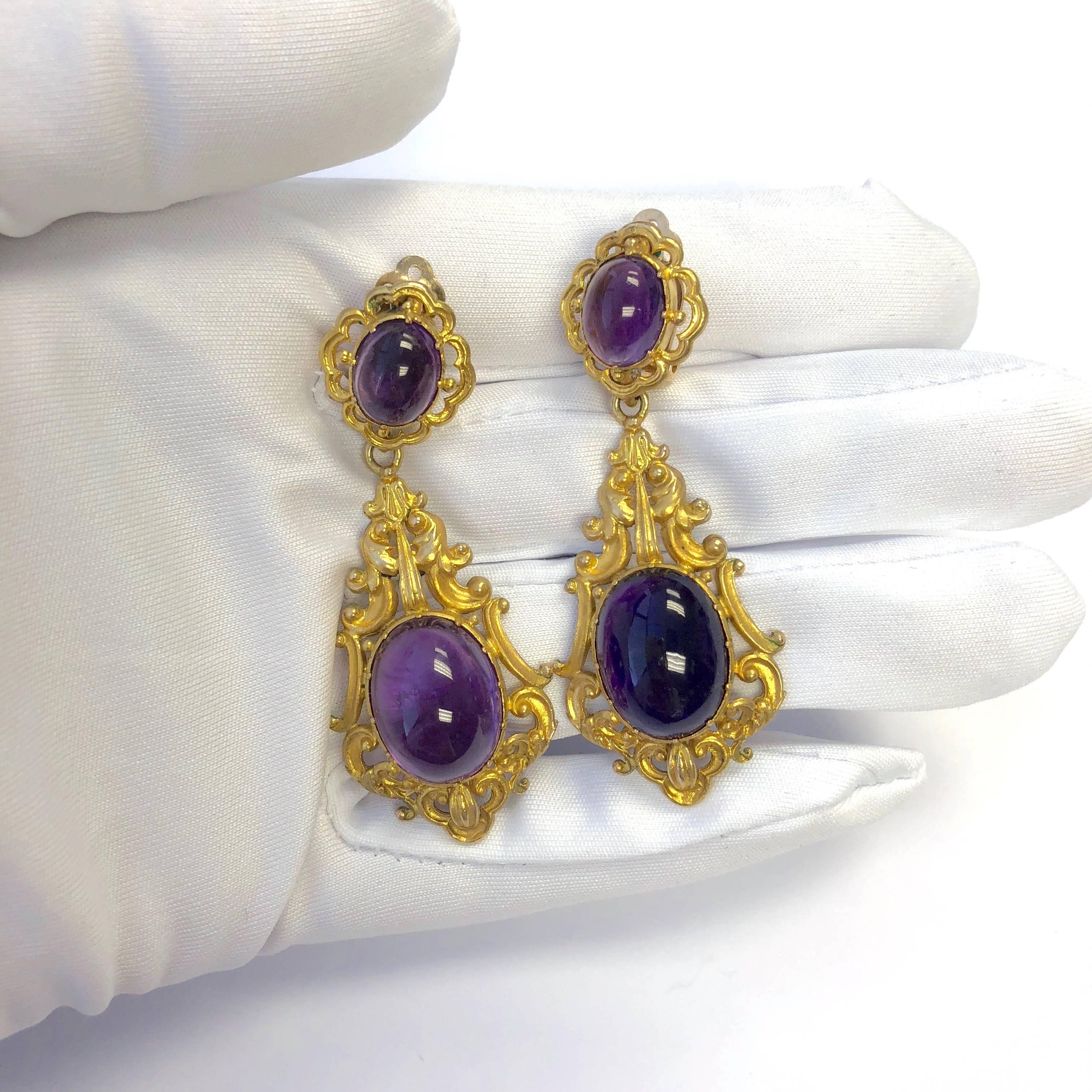 Women's or Men's Victorian Amethyst Cabochon Dangling Pendant Earring Clips