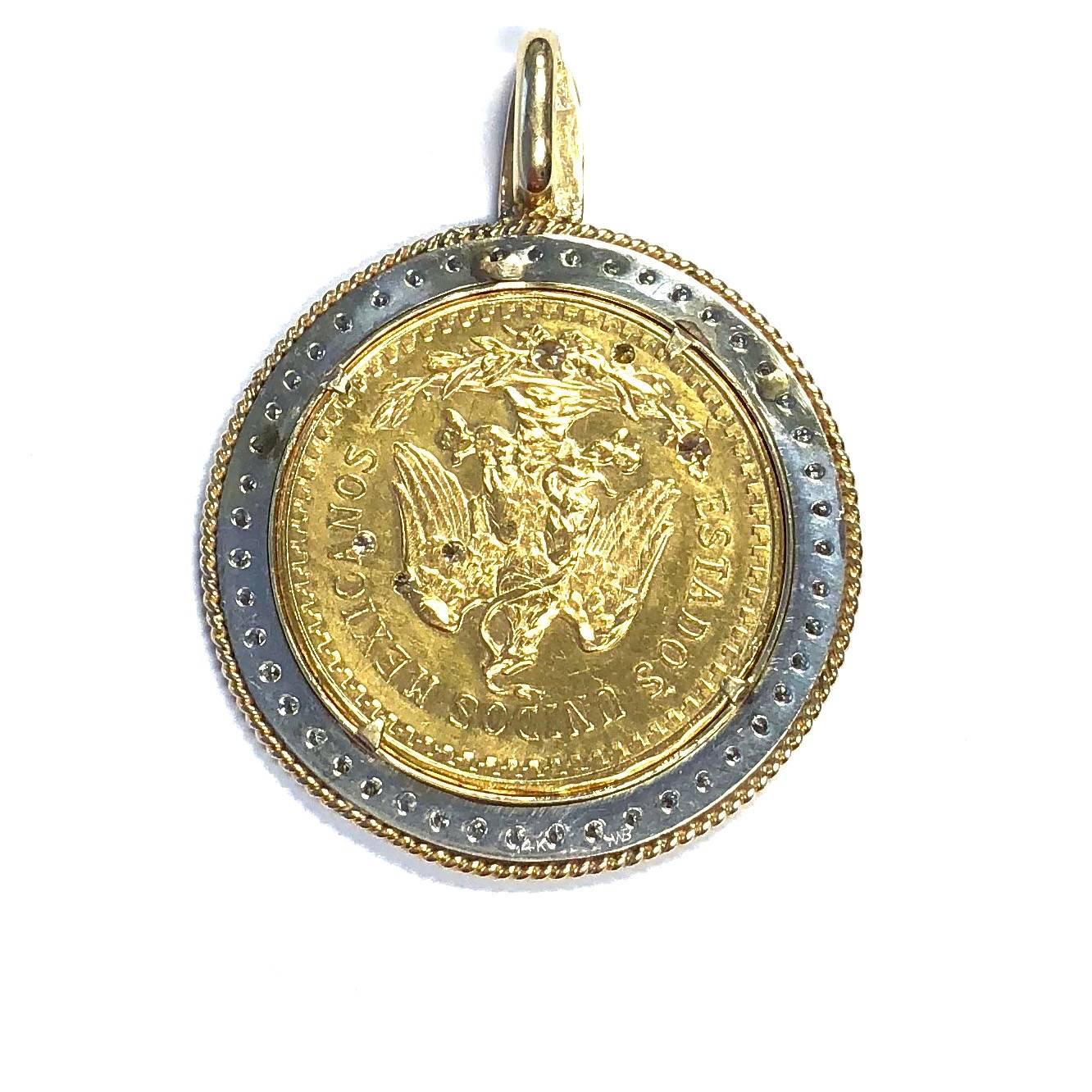 The pendant features a 50 Pesos coin with 6 diamonds, set in a 14K white gold diamond inner bezel and a 14K yellow gold rope outer bezel. The Centenario is a Mexican gold bullion coin first minted in 1921 to commemorate the 100th anniversary of