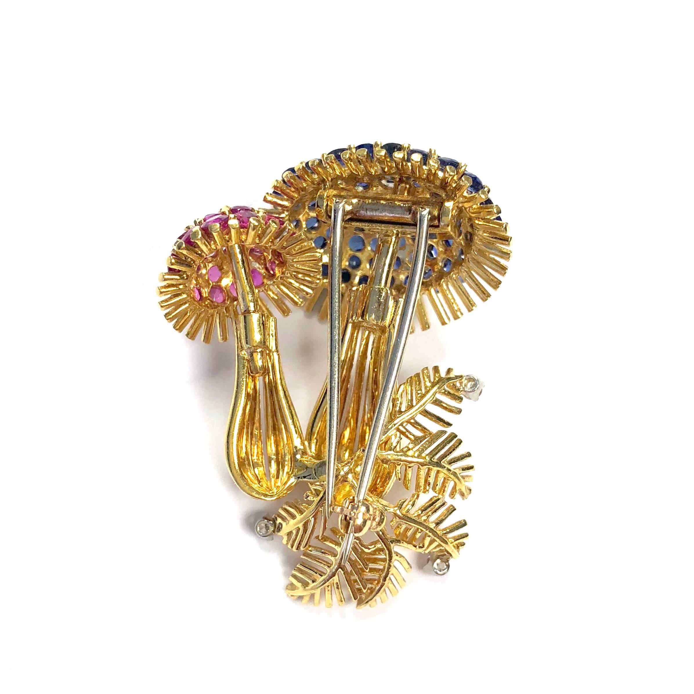 Vintage Yellow Gold Sapphire Ruby and Diamond Mushroom Brooch In Excellent Condition In Agoura Hills, CA