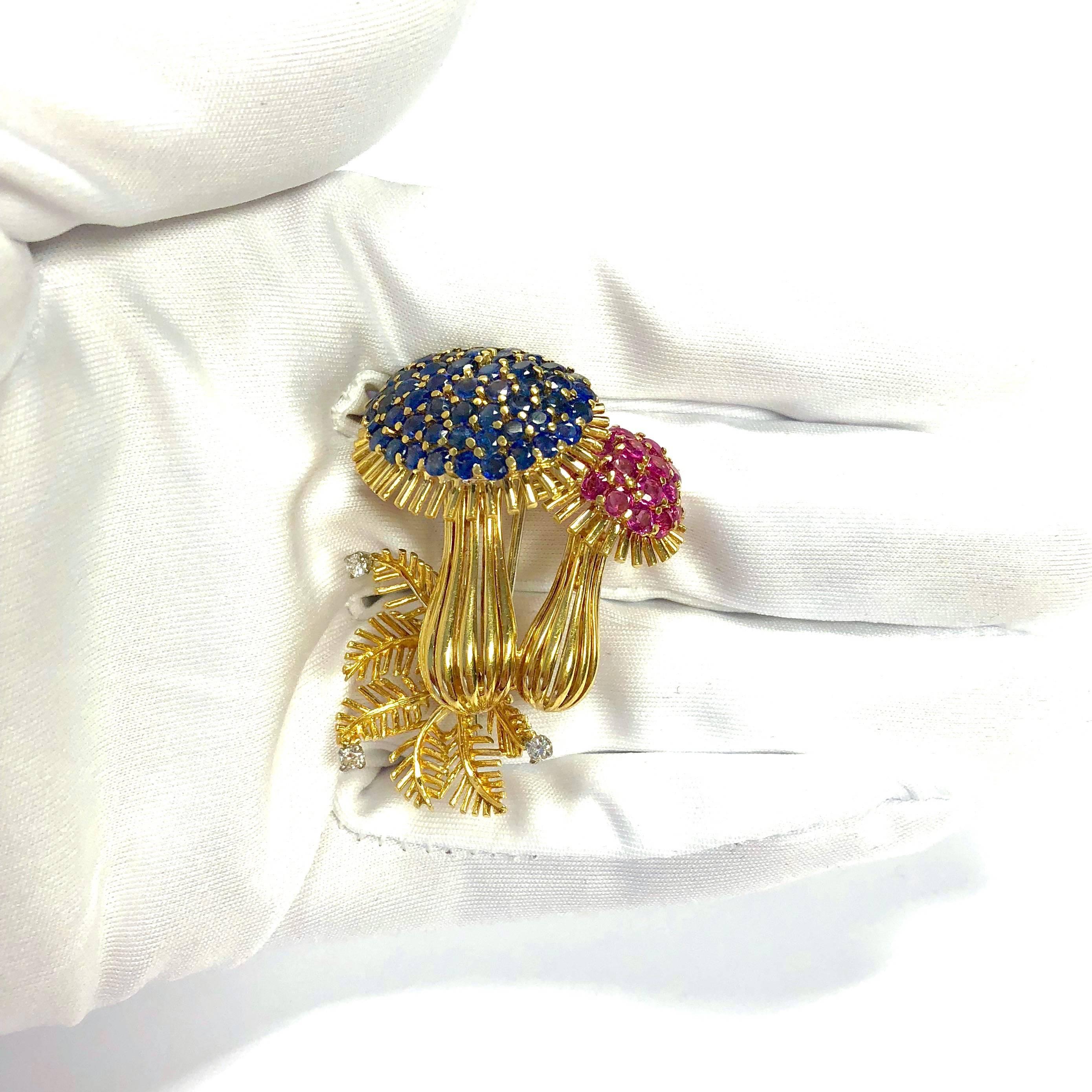 Women's or Men's Vintage Yellow Gold Sapphire Ruby and Diamond Mushroom Brooch