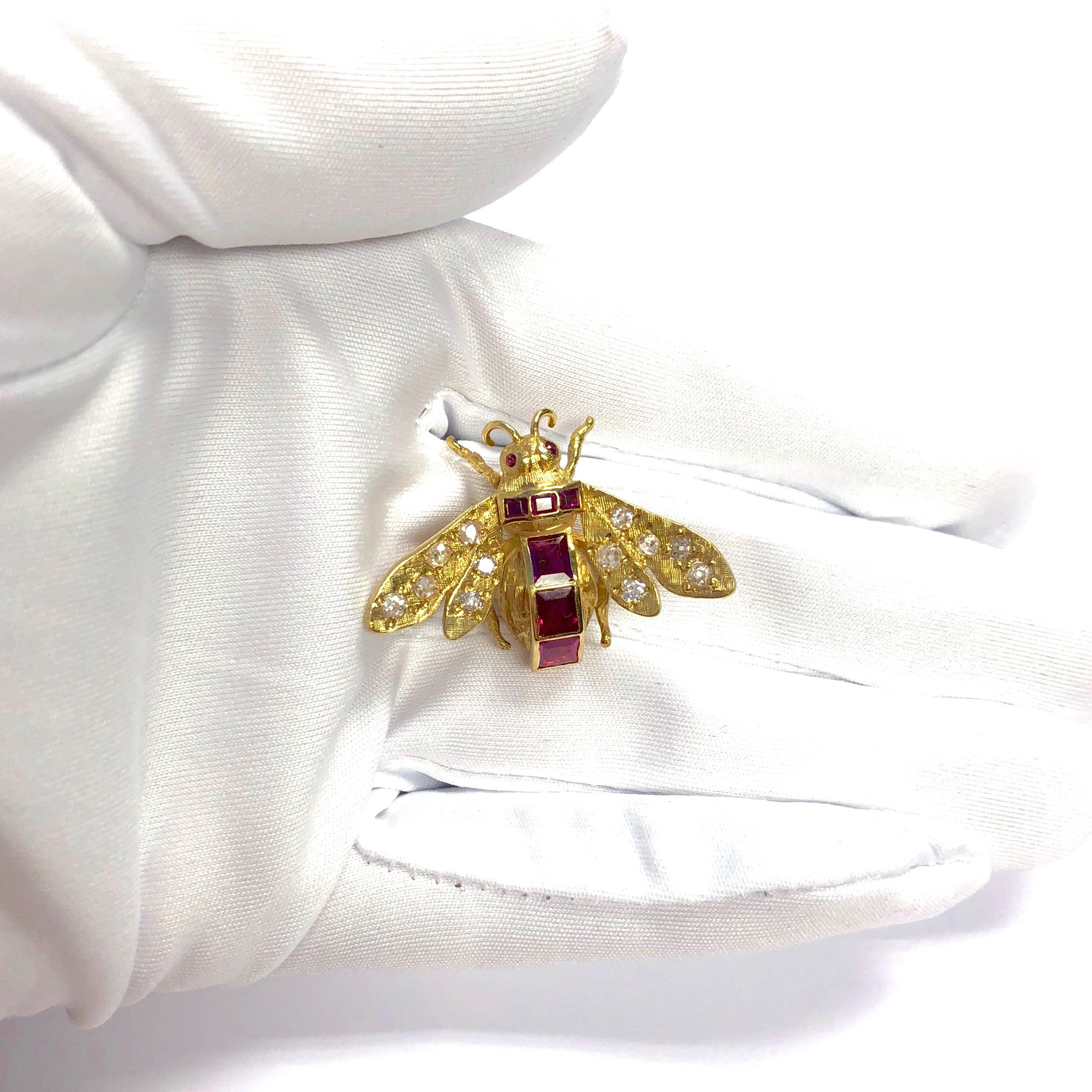 Vintage Ruby and Diamond Yellow Gold Bee Pin 1